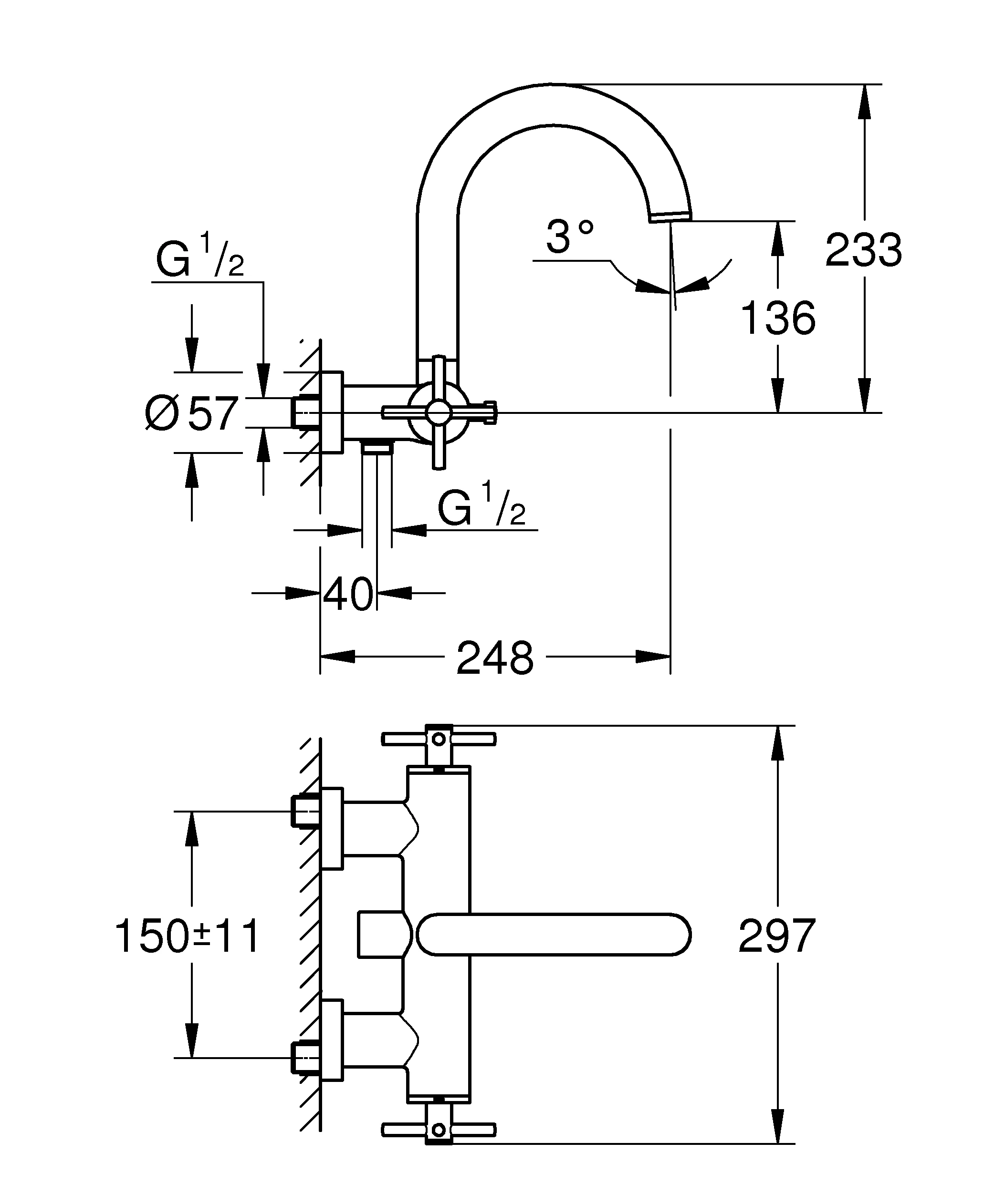 Wannenbatterie Atrio 25268, Wandmontage, eigensicher, mit Kreuzgriffen, chrom