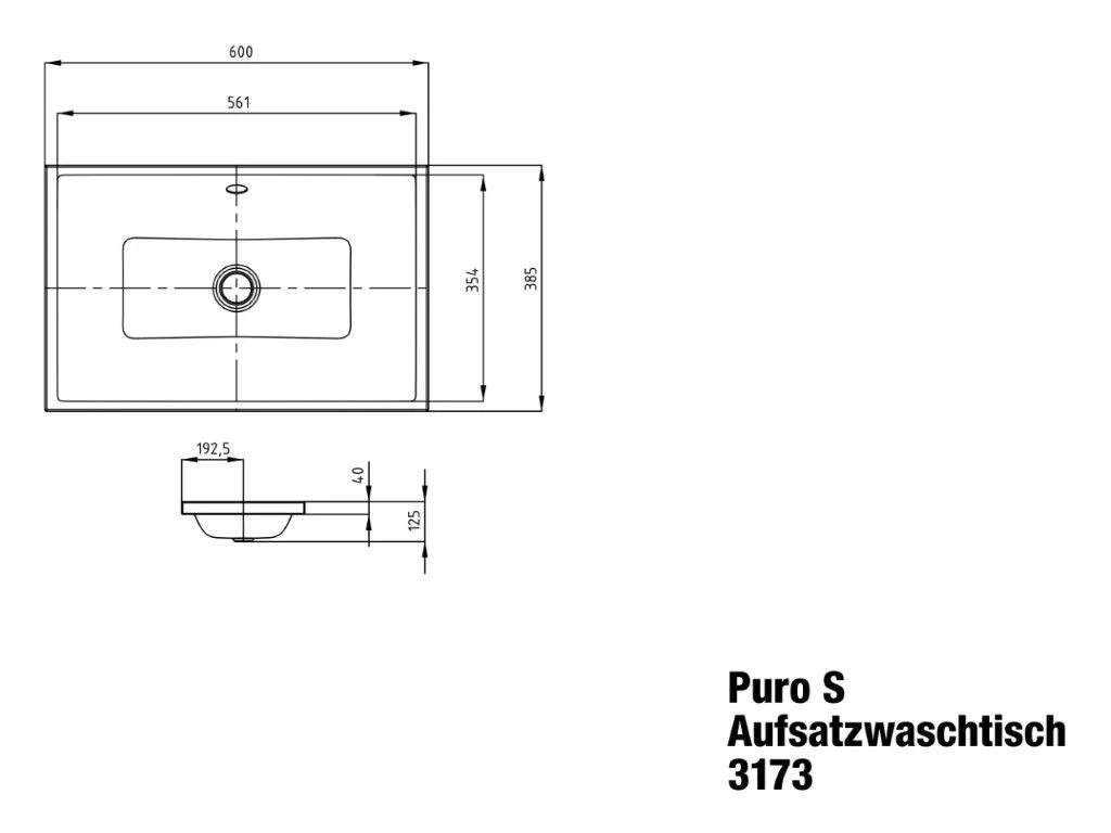 Aufsatzwaschtisch „Puro S“ 60 × 38,5 cm, mit Überlauf, ohne Hahnlochbohrung in alpinweiß matt mit Perl-Effekt