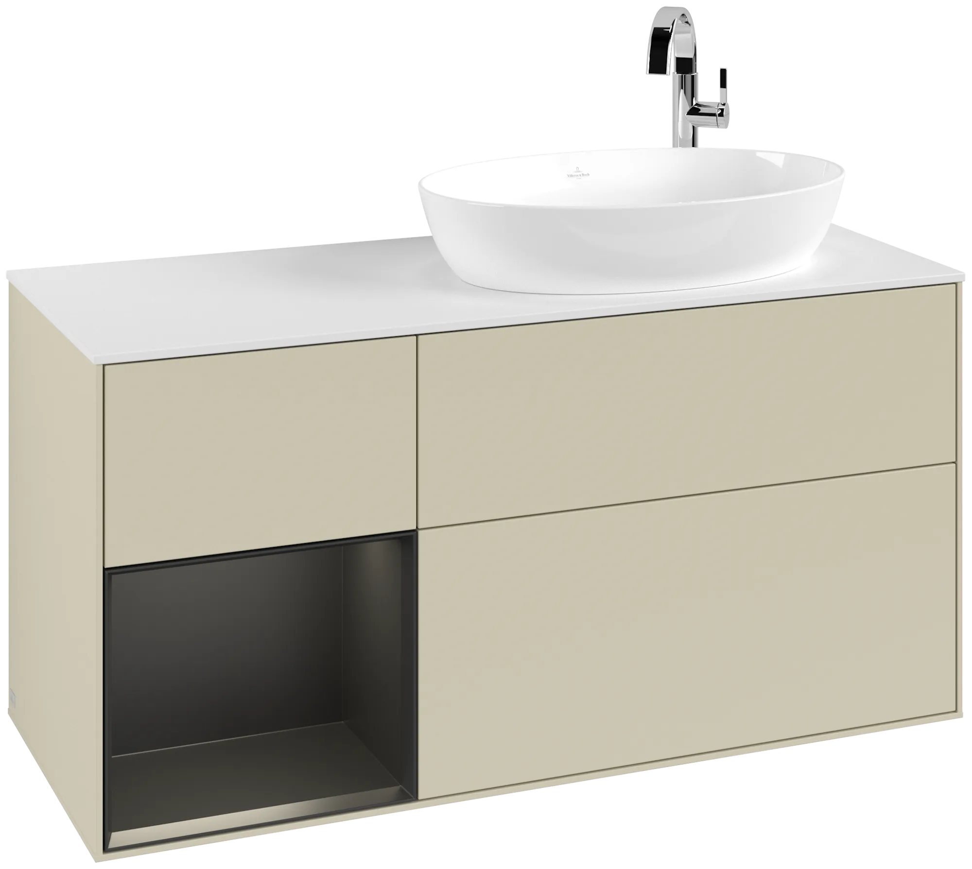 Villeroy & Boch Finion Waschbeckenunterschrank F92, 1200x603x501mm, Silk Grey Matt Lacquer / Black Matt Lacquer / Glass White Matt