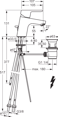 HA Einhebelmischer Waschtischbatterie HANSAPRIMO 4957 Kupferrohr Zugstangenablaufgarnitur Ausladung 107 mm DN15 Chrom