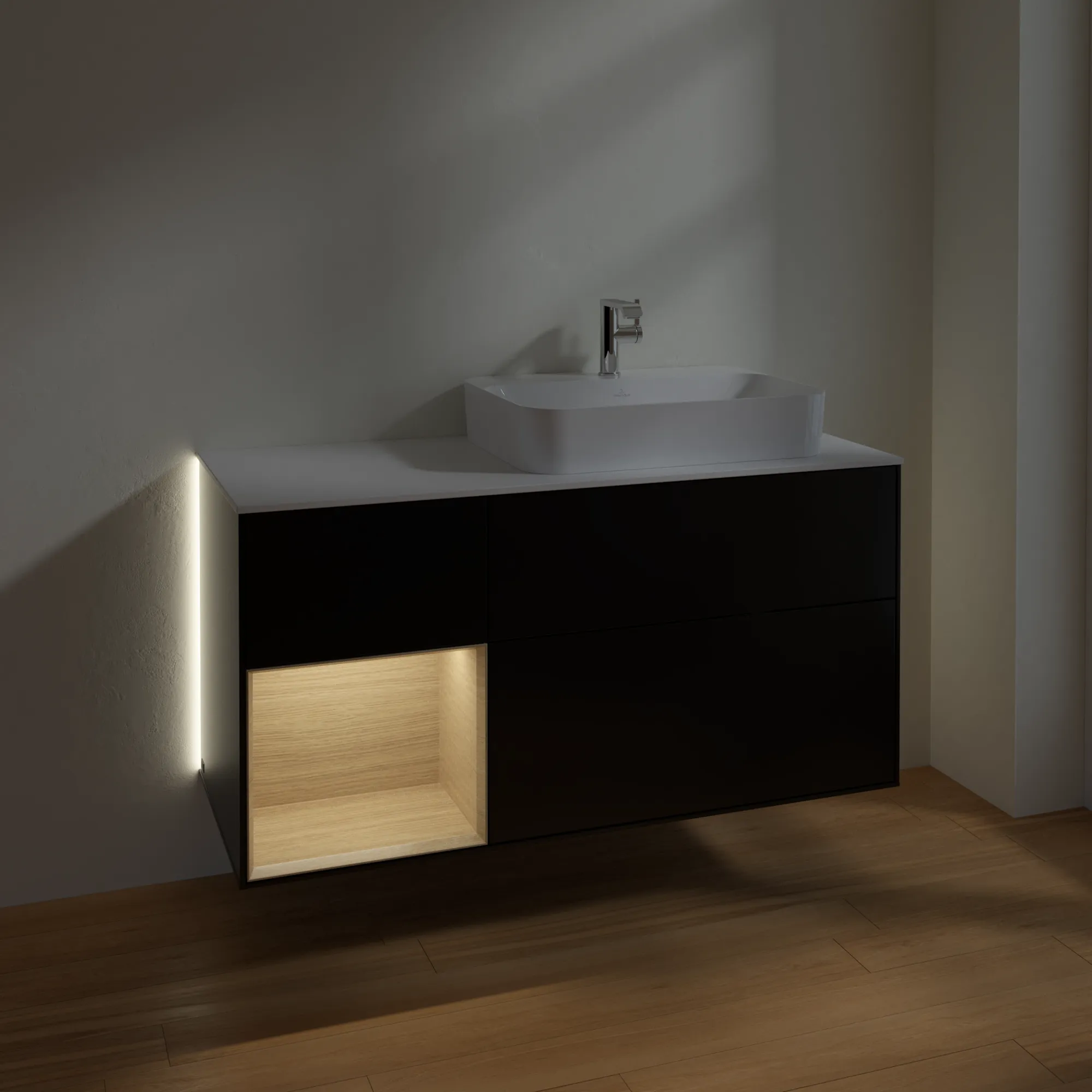 Villeroy & Boch Waschtischunterschrank „Finion“ für Schrankwaschtisch 1200 × 603 × 501 mm Black Matt Lacquer, für Becken rechts Villeroy & Boch Waschtischunterschrank „Finion“ für Schrankwaschtisch 1200 × 603 × 501 mm Black Matt Lacquer, für Becken rechts