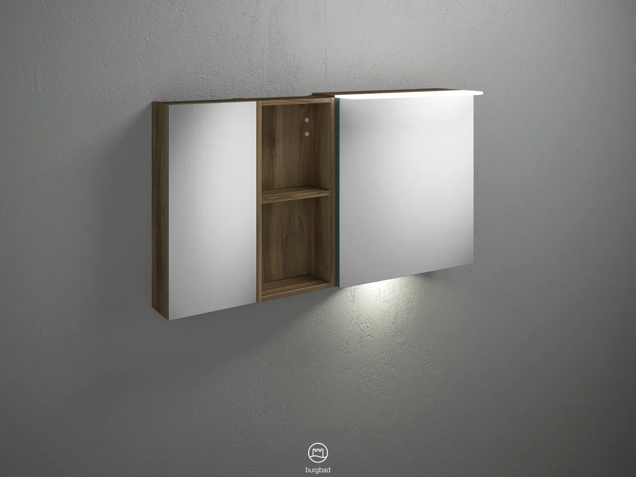 Badu Spiegelschrank SFUD120 von burgbad - 310 mm tief, 1.200 mm breit, 665 mm hoch, beidseitig verspiegelt mit LED-Aufsatzleuchte und Waschtischbeleuchtung