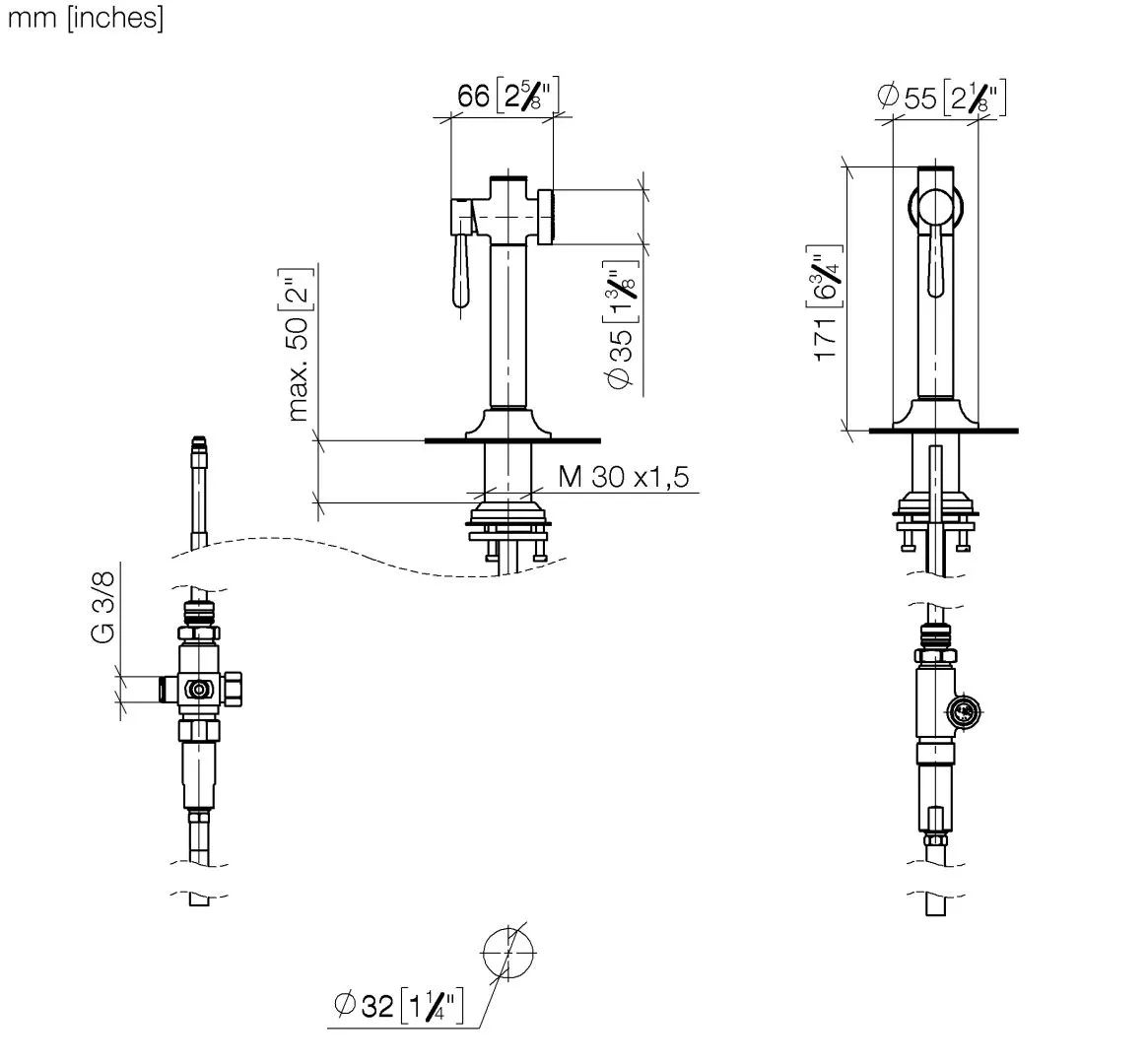 Dornbracht Spülbrausegarnitur VAIA Dark Brass gebürstet PVD, Armaturenhöhe 171 mm, Bohrungsdurchmesser 32 mm, Brauseschlauch 1500 mm, mit Antikalk-System und automatischem Umschalter