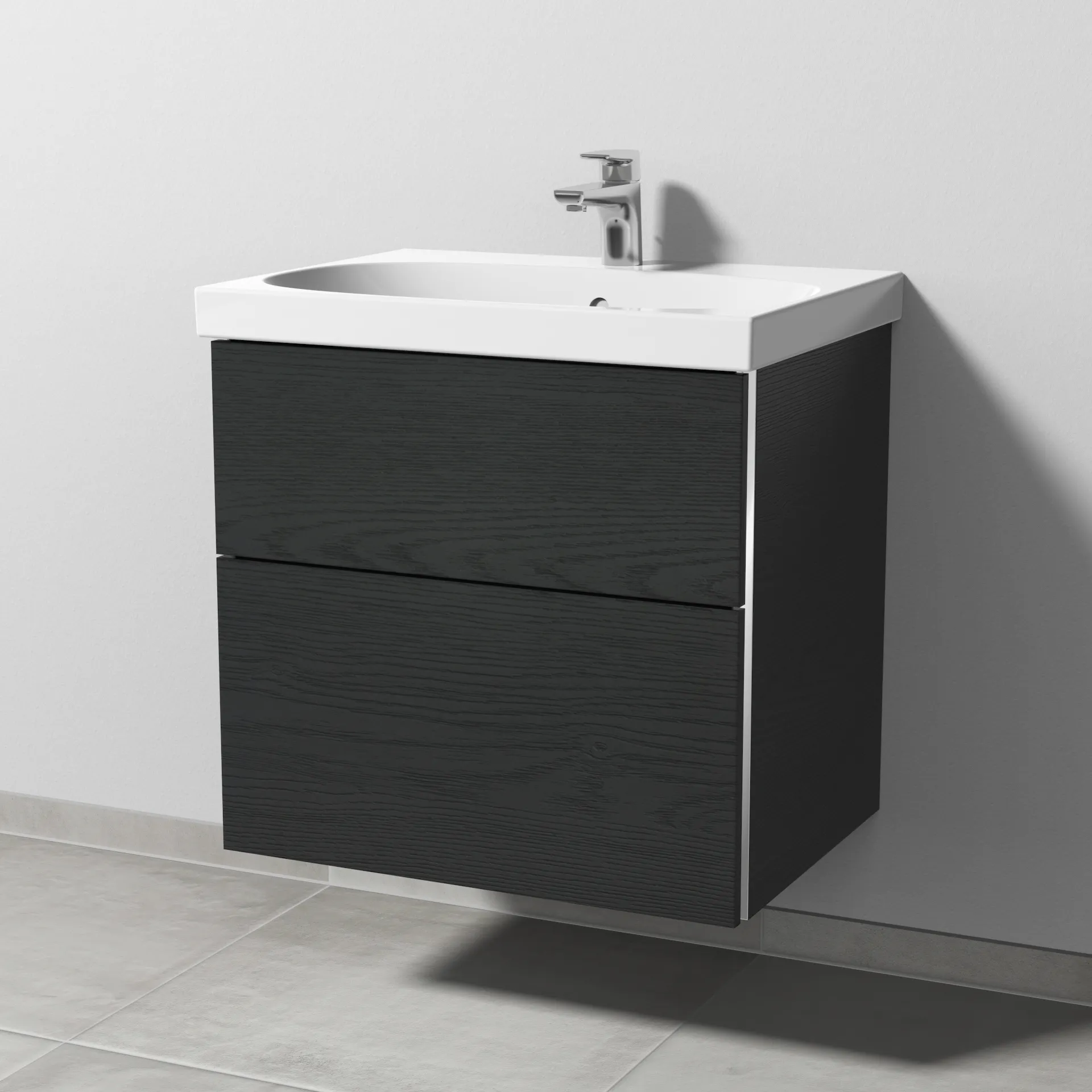 Sanipa Waschtischunterschrank „3way“ passend zu Keramik-Waschtische Acanto von Geberit 620 × 586 × 467 mm in Black Oak, mit Hahnlochbohrung, Becken