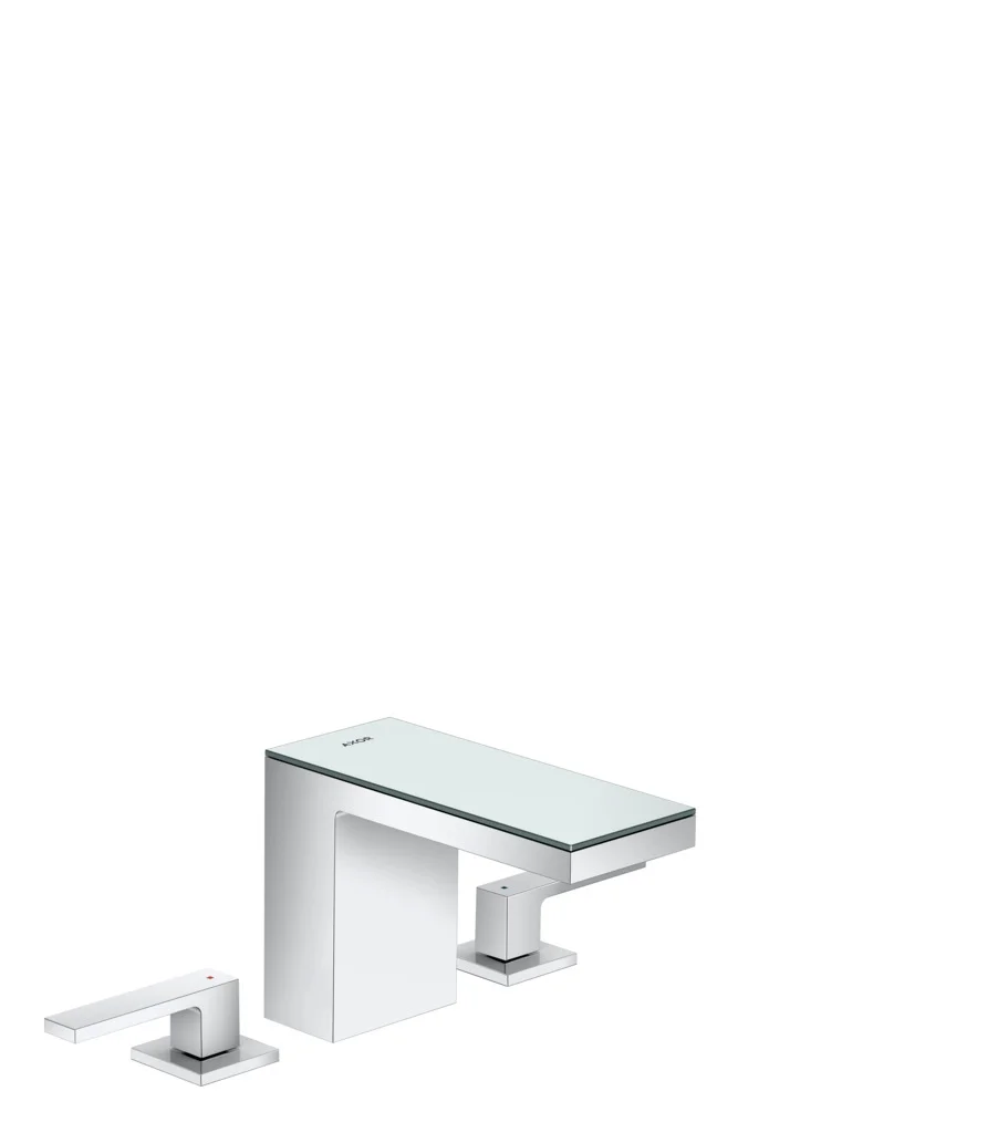 Hansgrohe AXOR MyEdition 3-Loch Waschtischarmatur in Chrom/Spiegelglas, ComfortZone 110, Ausladung 150 mm, Auslaufhöhe 109 mm, Hebelgriff, PowderRain Strahlart, max. Durchfluss 5 l/min, Push-Open Ablaufgarnitur G 11/4, Anschluss DN15 Hansgrohe AXOR MyEdition 3-Loch Waschtischarmatur in Chrom/Spiegelglas, ComfortZone 110, Ausladung 150 mm, Auslaufhöhe 109 mm, Hebelgriff, PowderRain Strahlart, max. Durchfluss 5 l/min, Push-Open Ablaufgarnitur G 11/4, Anschluss DN15