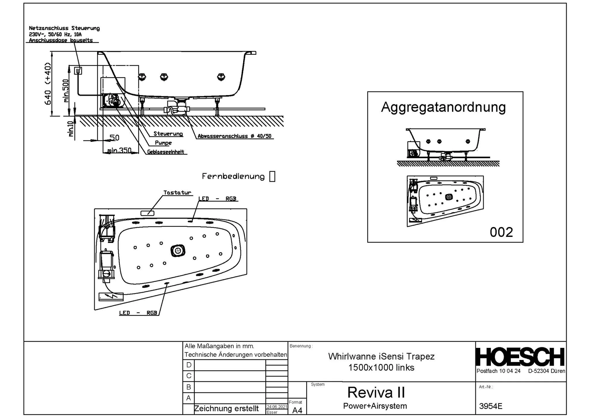 Hoesch Whirlwanne „iSensi“ mit Whirlsystem „Reviva II“ trapez 150 × 100 cm in Weiß