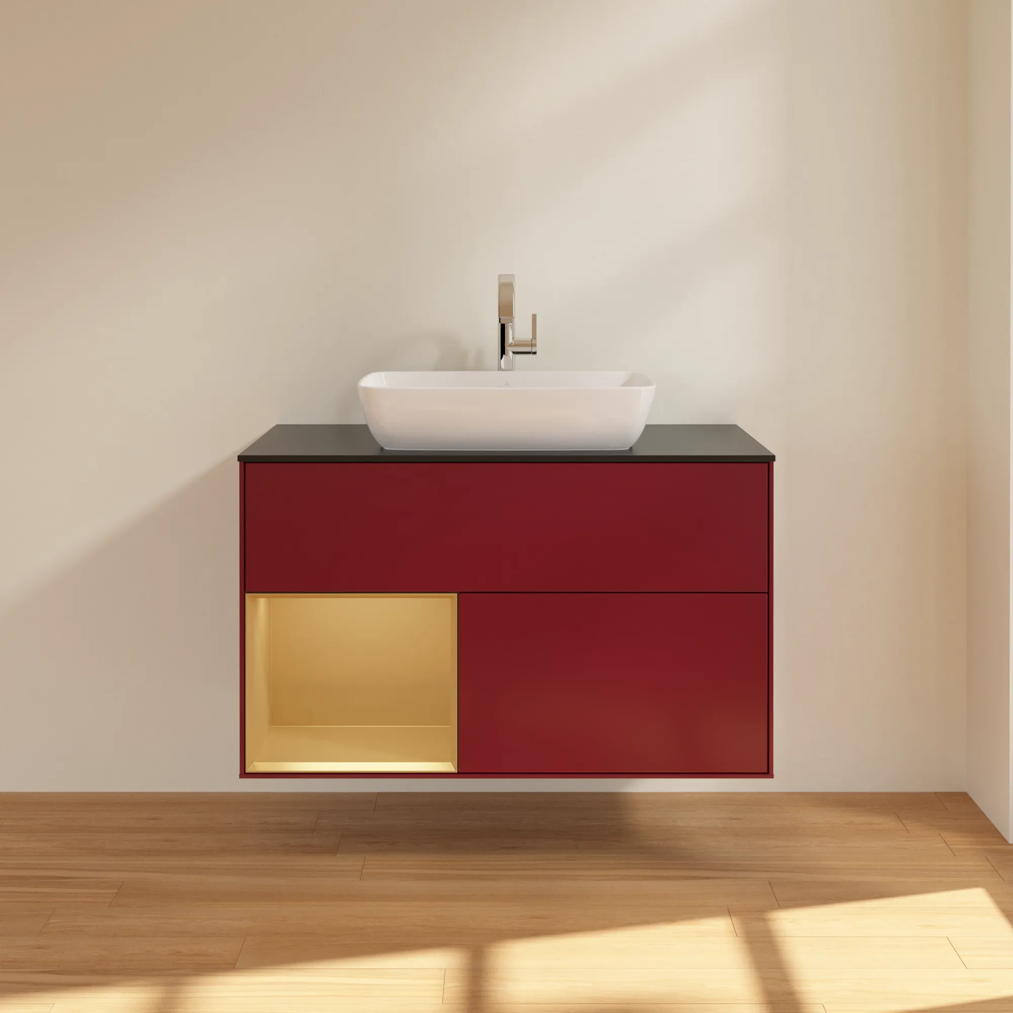Villeroy & Boch Waschbeckenunterschrank Finion F77, 1000x603x501 mm, Peony Matt Lacquer mit Gold Regal, Beleuchtung dimmbar, SoftClosing, Push-to-open Villeroy & Boch Waschbeckenunterschrank Finion F77, 1000x603x501 mm, Peony Matt Lacquer mit Gold Regal, Beleuchtung dimmbar, SoftClosing, Push-to-open