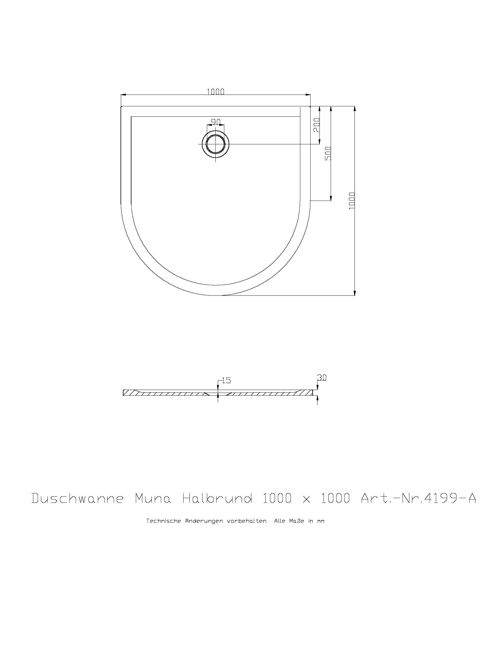 Duschwanne „Muna“ Halbkreis 100 × 100 cm in Weiß