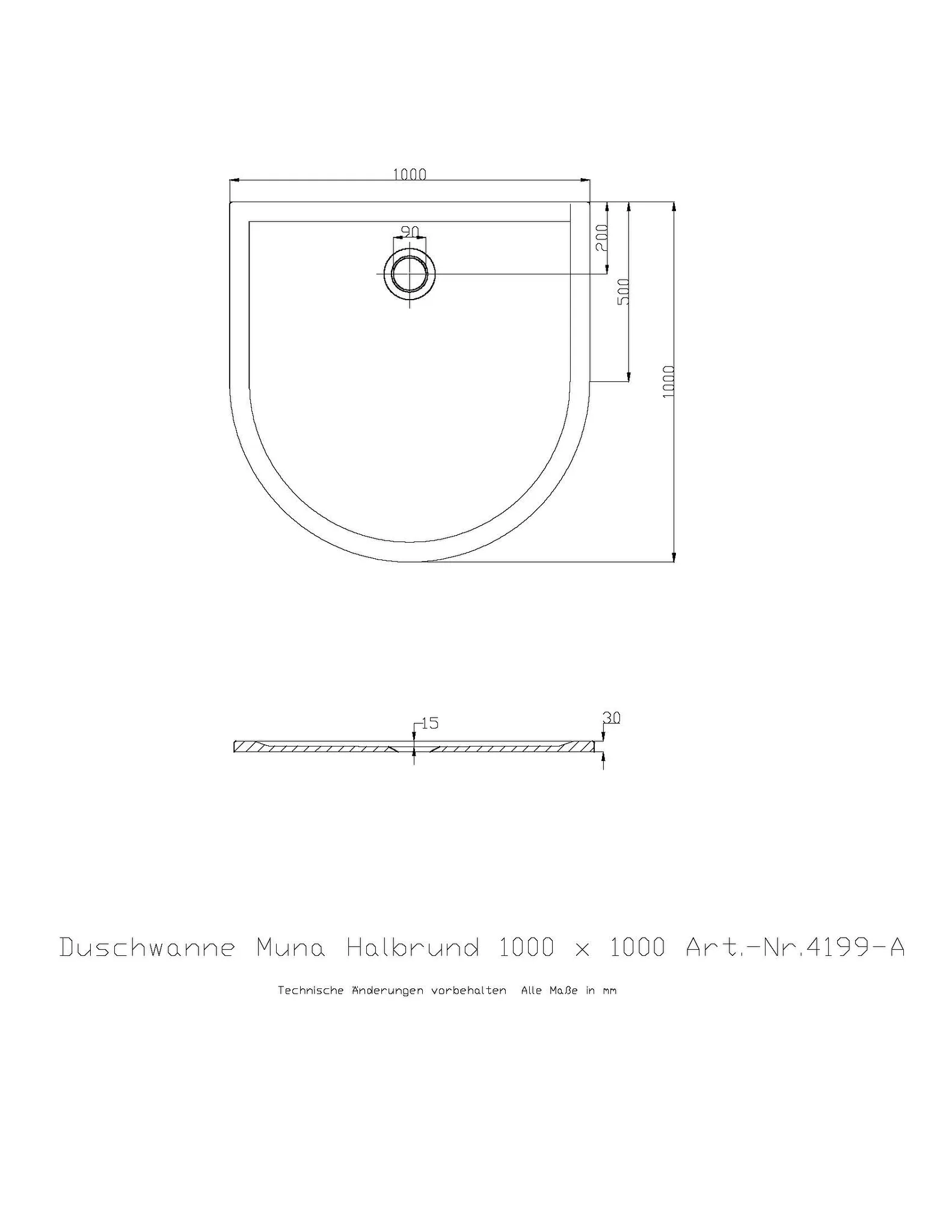 Duschwanne „Muna“ Halbkreis 100 × 100 cm in Telegrau