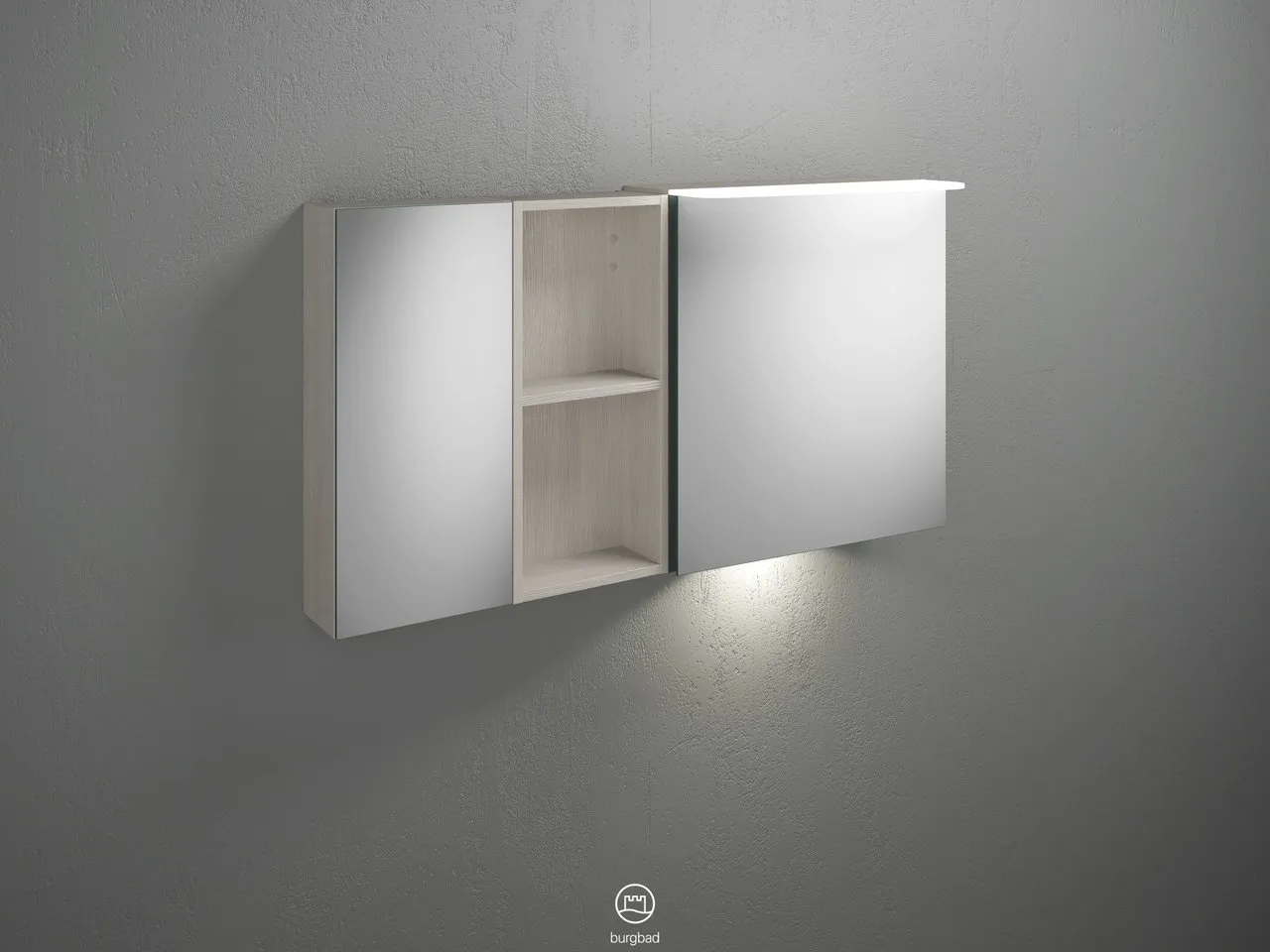 Badu Spiegelschrank SFUD120 von burgbad - 310 mm tief, 1.200 mm breit, 665 mm hoch, beidseitig verspiegelt mit LED-Aufsatzleuchte und Waschtischbeleuchtung Badu Spiegelschrank SFUD120 von burgbad - 310 mm tief, 1.200 mm breit, 665 mm hoch, beidseitig verspiegelt mit LED-Aufsatzleuchte und Waschtischbeleuchtung