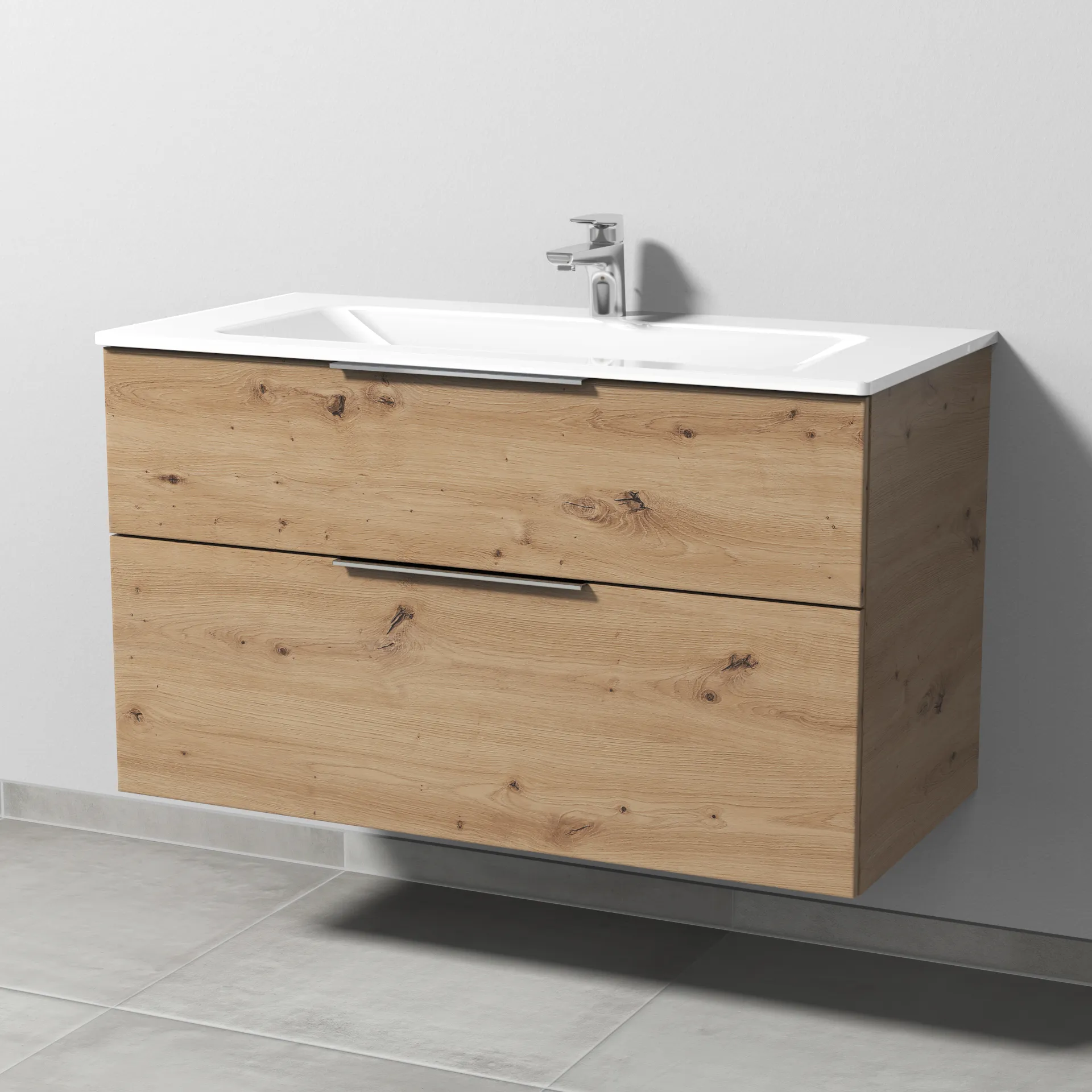 Glas-Waschtisch-Set mit Waschtischunterschrank „3way“ 100 × 48,7 × 58,2 cm in Eiche Natural-Touch, mit Hahnlochbohrung Glas-Waschtisch-Set mit Waschtischunterschrank „3way“ 100 × 48,7 × 58,2 cm in Eiche Natural-Touch, mit Hahnlochbohrung