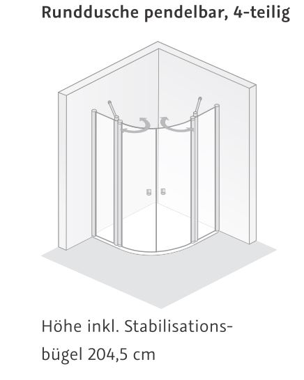 HSK teilgerahmte Runddusche pendelbar 4-teilig „Exklusiv“ Glas Mattglas, Profile Alu Silber-matt, B: 900 mm H: 2000 mm T: 750 mm