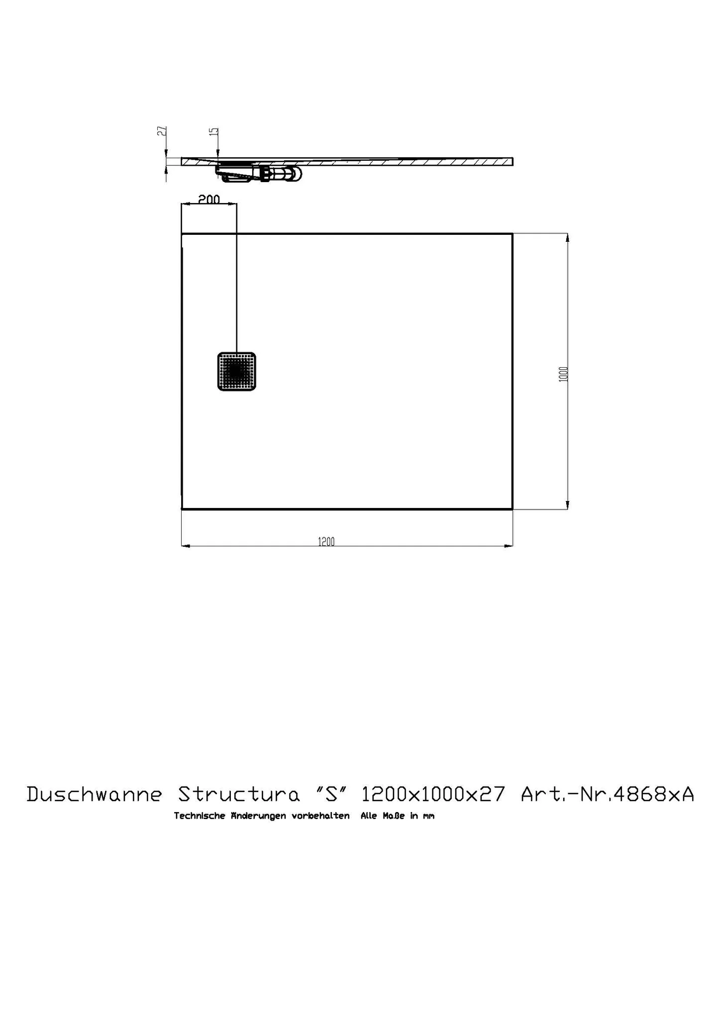 Duschwanne Structura ″S″ 1200x1000x27 in gesoftete Schieferoptik, mit Antirutsch B, Material Solique, Weiß