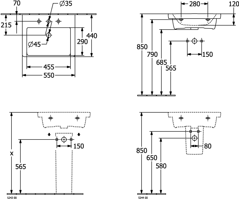 Villeroy & Boch Subway 3.0 Waschbecken 550x440mm Rechteck 1HL o. ÜL Stone White CeramicPlus