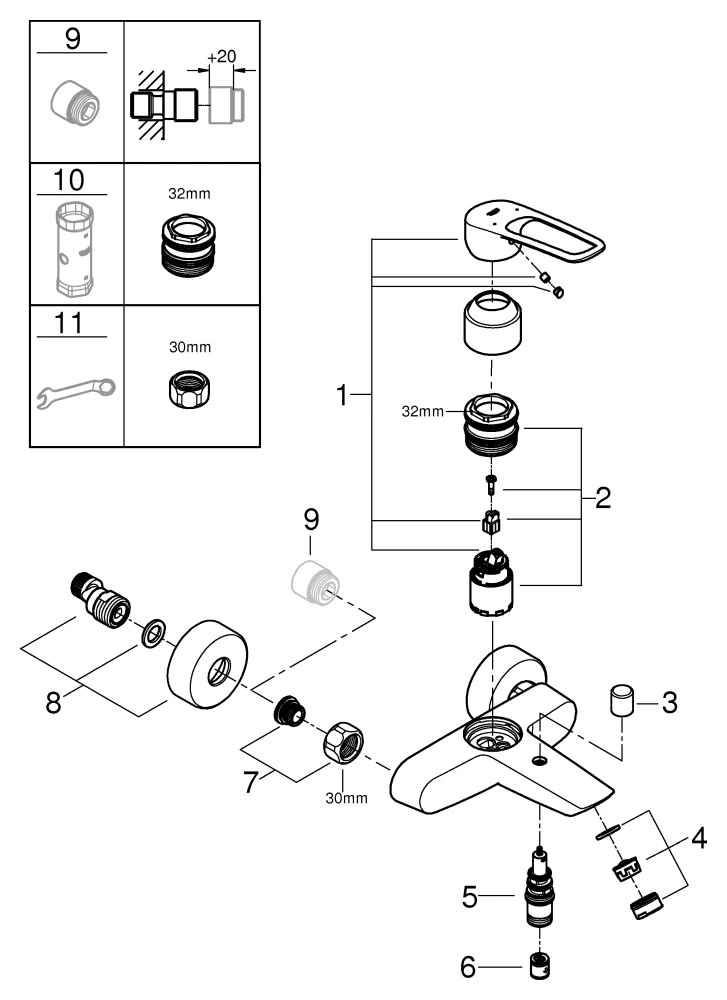 Einhand-Wannenbatterie Eurosmart, 25241_3, Wandmontage, offener Metall-Hebelgriff, Temperaturbegrenzer, S-Anschlüsse, eigensicher, chrom