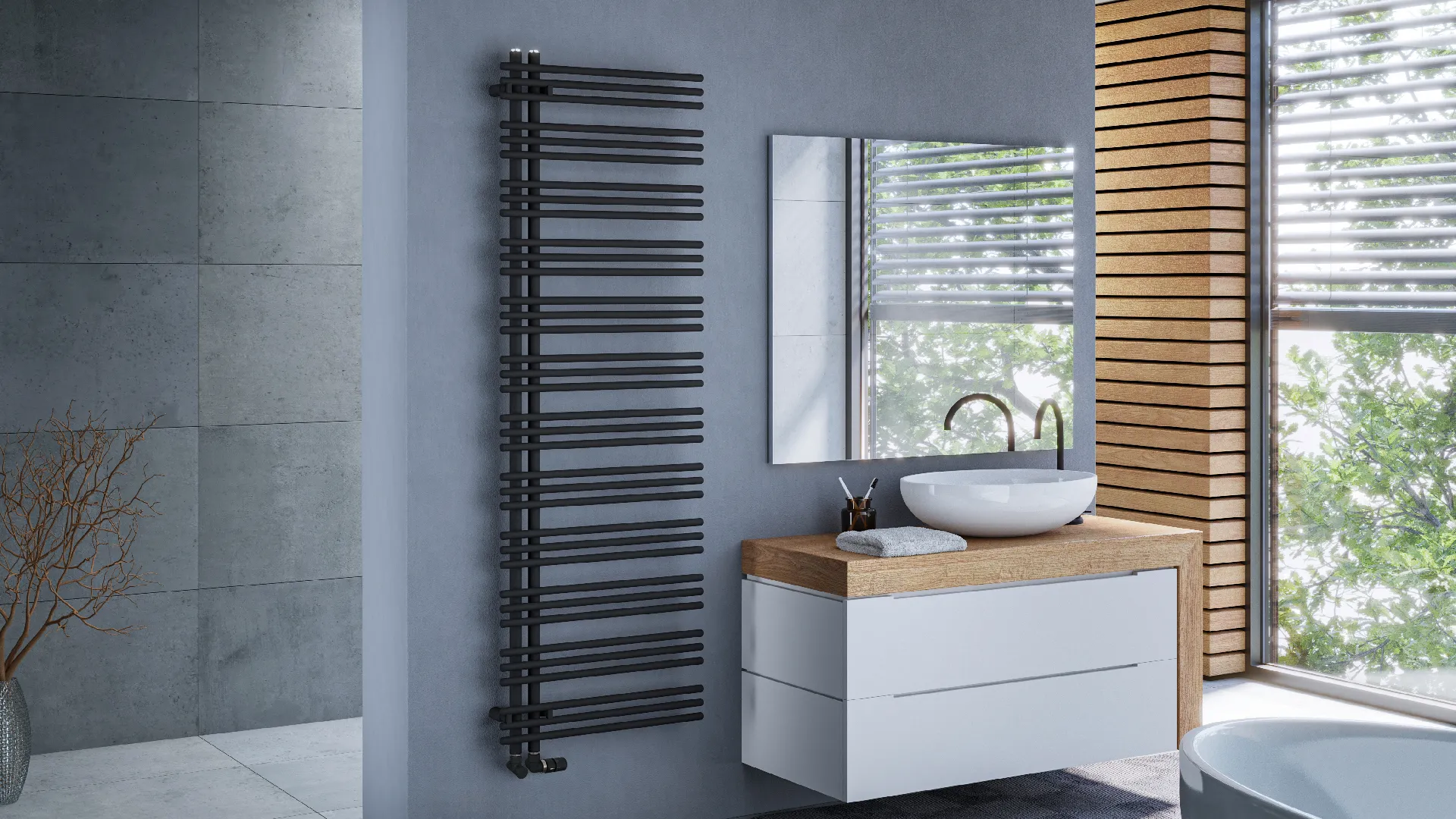 Zehnder Design-Heizkörper „Yucca Asym“ für Warmwasser-Zentralheizung oder gemischten Betrieb mit 50 mm-Seitenanschluss 57,8 × 173,6 cm in Concrete Grey