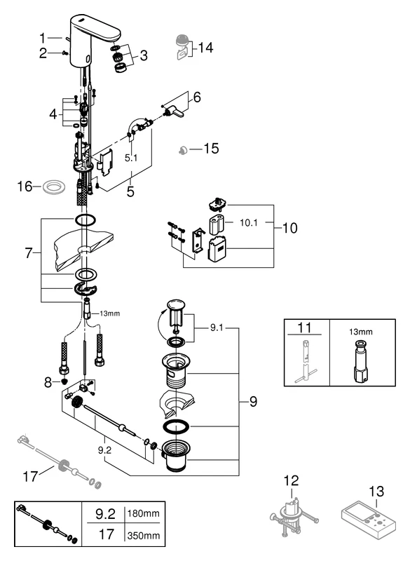 Infrarot-Elektronik für Waschtisch Eurosmart CE 36331_1, mit Mischung, Rückflussverhinderer, 6 V Lithium-Batterie, Typ CR-P2, Zugstangen-Ablaufgarnitur 1 1/4″, chrom