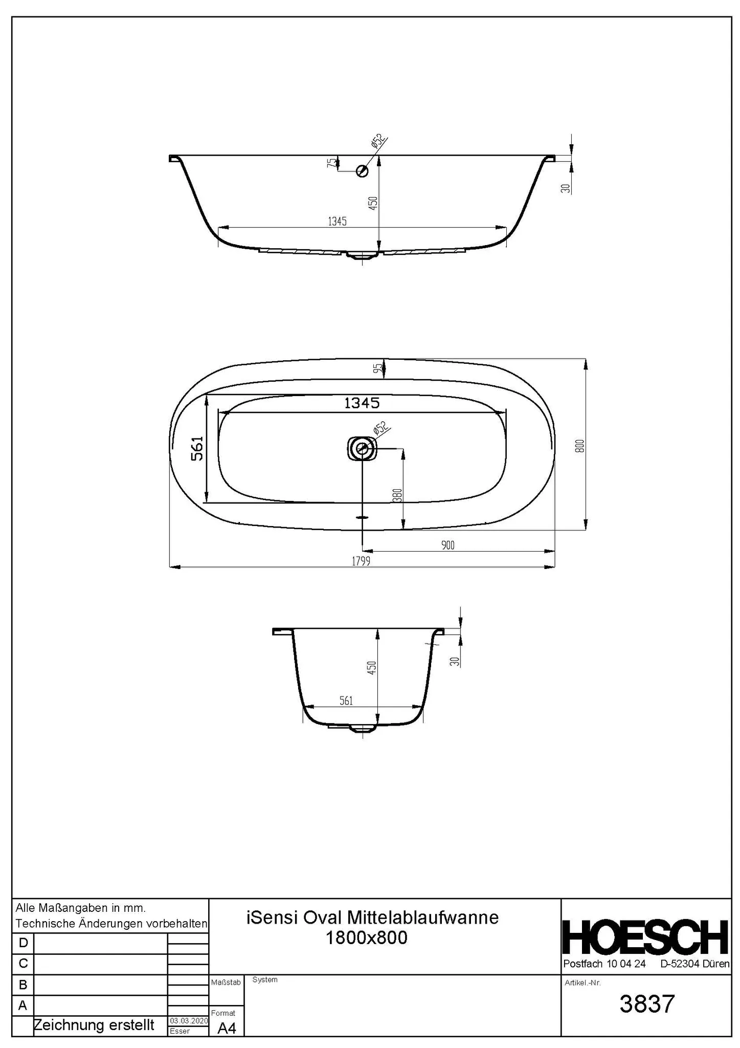 Hoesch Badewanne „iSensi“ oval 180 × 80 cm