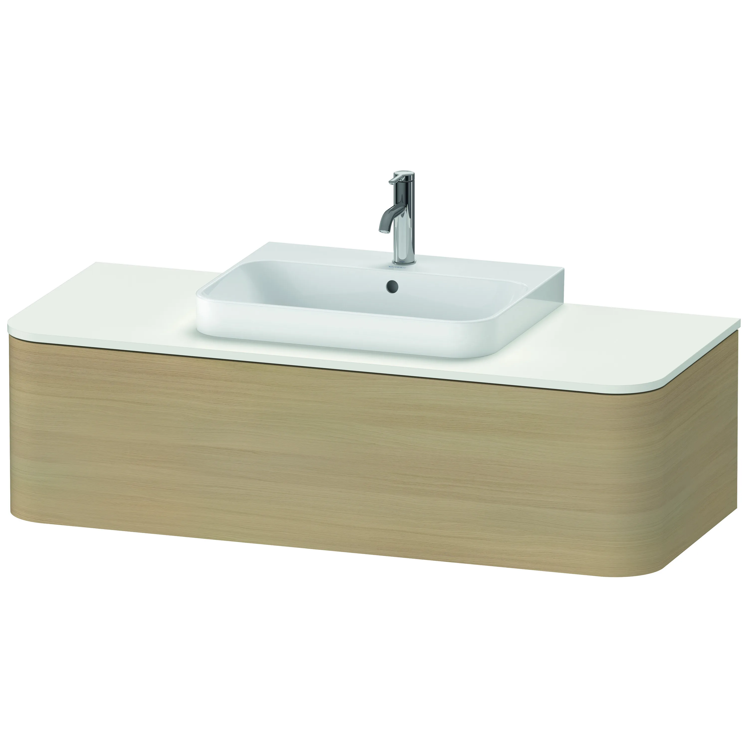 Duravit Waschtischunterschrank wandhängend „Happy D.2 Plus“ 130 × 35,4 × 55 cm Mediterrane Eiche Becken: mittig / Beleuchtung: ohne / Front- & Korpusfarbe: Mediterrane Eiche / Größe: 130 × 55 × 35,4 cm / Oberfläche: Echtholzfurnier / Schubladen: 1
