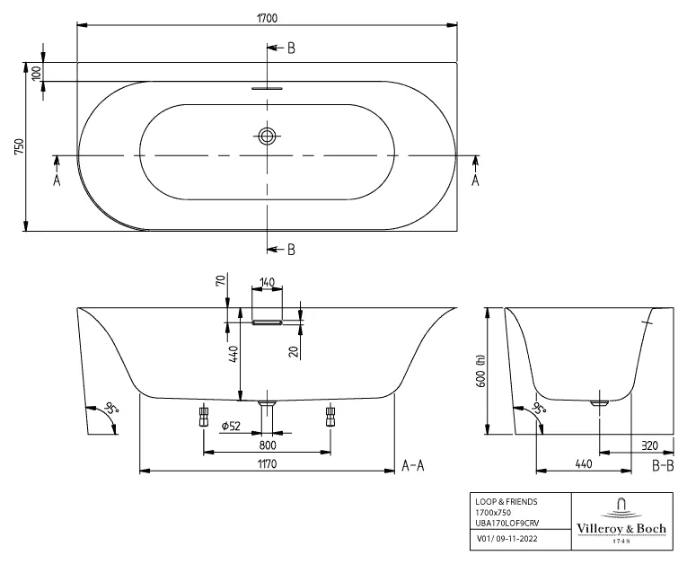 Villeroy & Boch Whirlwanne mit ovaler Innenform „Loop & Friends“ mit Whirlsystem „Airpool Entry“ vorwand oval 170 × 75 cm, rechts