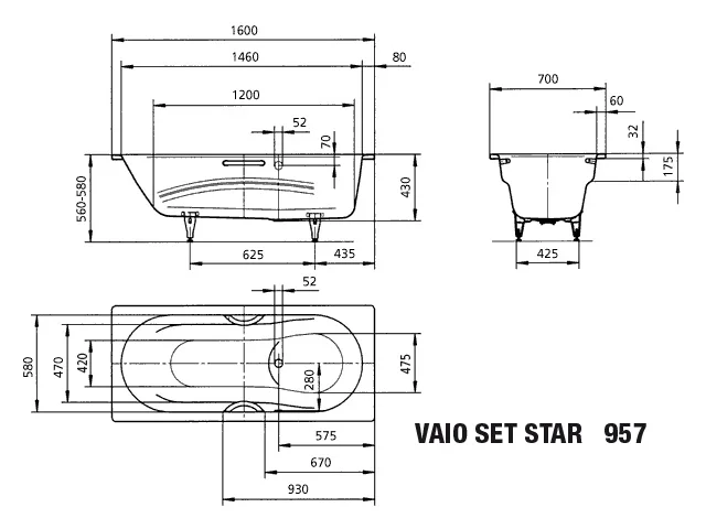 Kaldewei VAIO SET STAR Badewanne, alpinweiß, 1600x700 mm, mit integrierten Armlehnen und seitlichem Überlauf