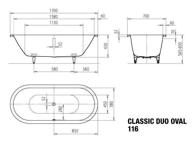 Kaldewei Badewanne „Classic Duo Oval“ oval 170 × 70 cm, ohne Grifflochbohrungen in alpinweiß