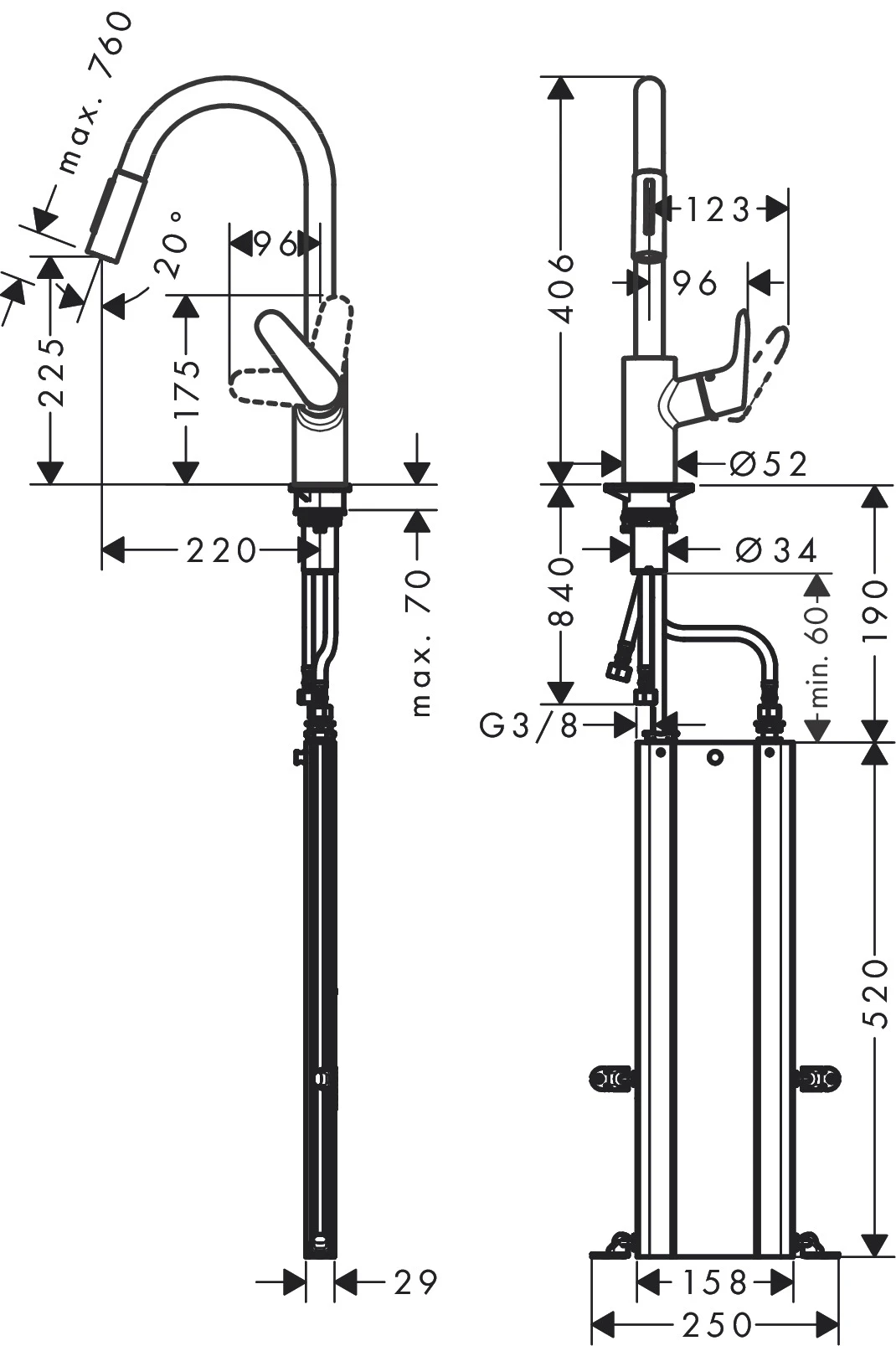 Spültischmischer 240 Focus M41 Ausziehbrause 2jet sBox chrom