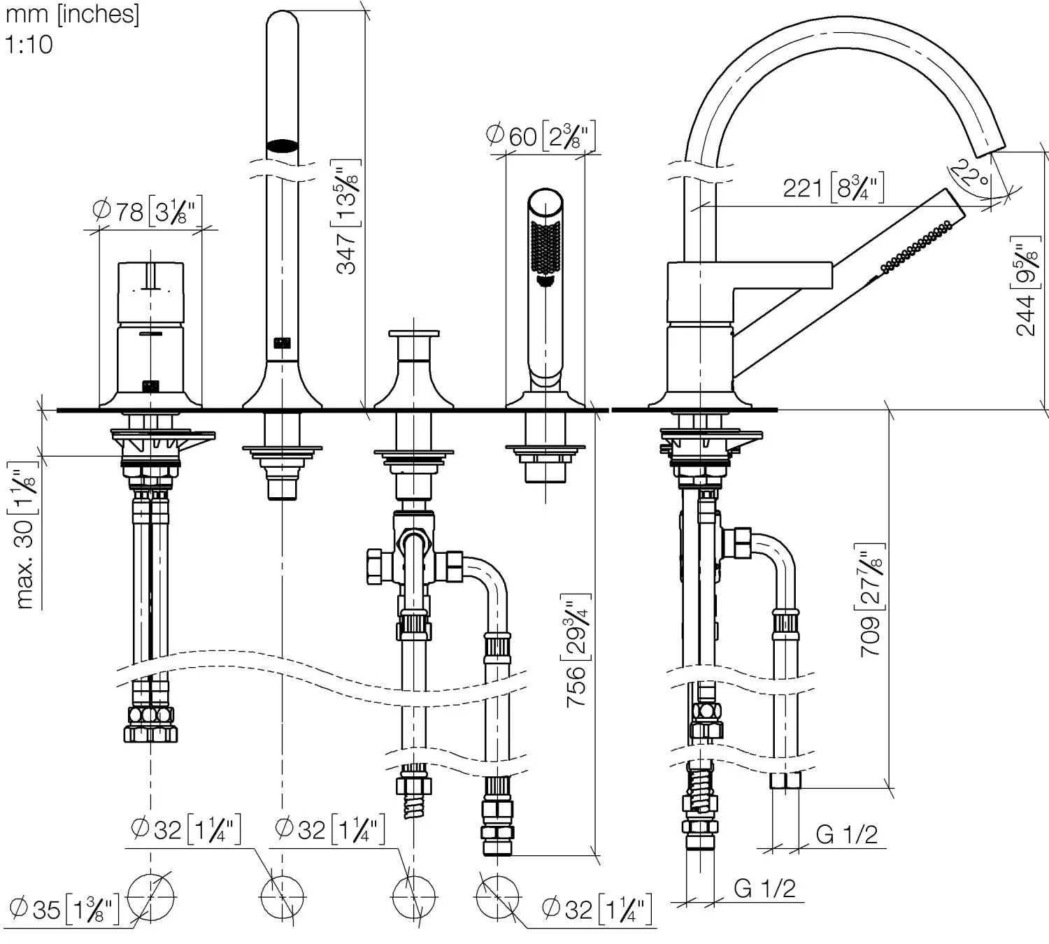 Dornbracht VAIA Wannen-Vierlochbatterie für Wannenrand- bzw. Fliesenrandmontage Chrom, Ausladung 220 mm Dornbracht VAIA Wannen-Vierlochbatterie für Wannenrand- bzw. Fliesenrandmontage Chrom, Ausladung 220 mm