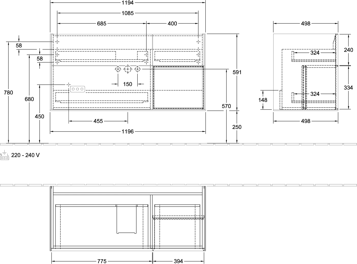 Villeroy & Boch Waschtischunterschrank „Finion“ für Schrankwaschtisch 119,6 × 59,1 × 49,8 cm 3 Schubladen, für Waschtischposition mittig, inkl. Beleuchtung mittig