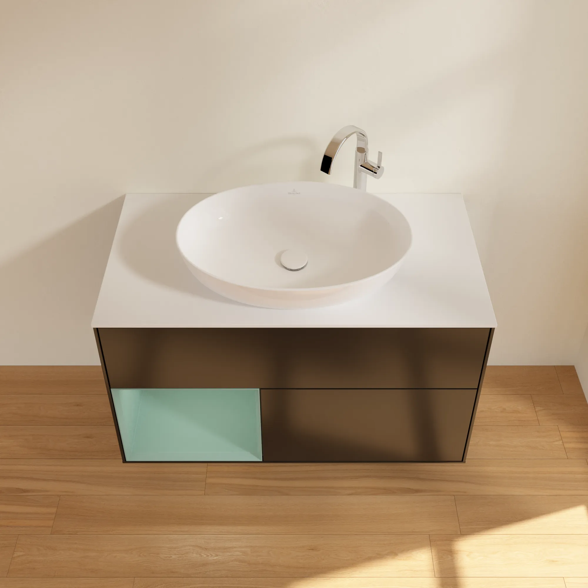 Villeroy & Boch Waschbeckenunterschrank Finion F89, 1000x603x501 mm, Black Matt Lacquer mit Olive Regal, Beleuchtung dimmbar, Push-to-open, SoftClosing