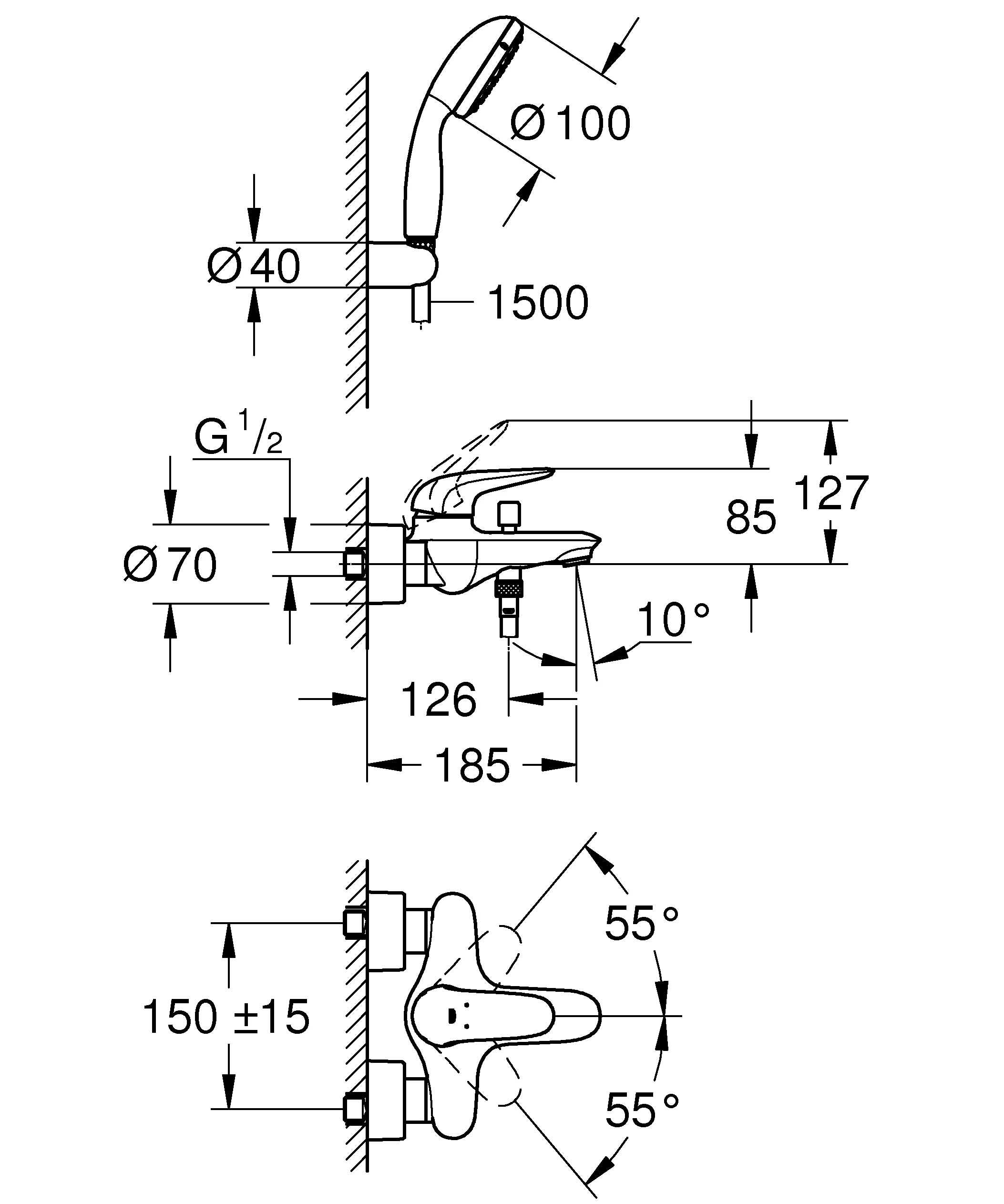 Einhand-Wannenbatterie Eurostyle 23729_3, Wandmontage, mit Handbrauseset, chrom