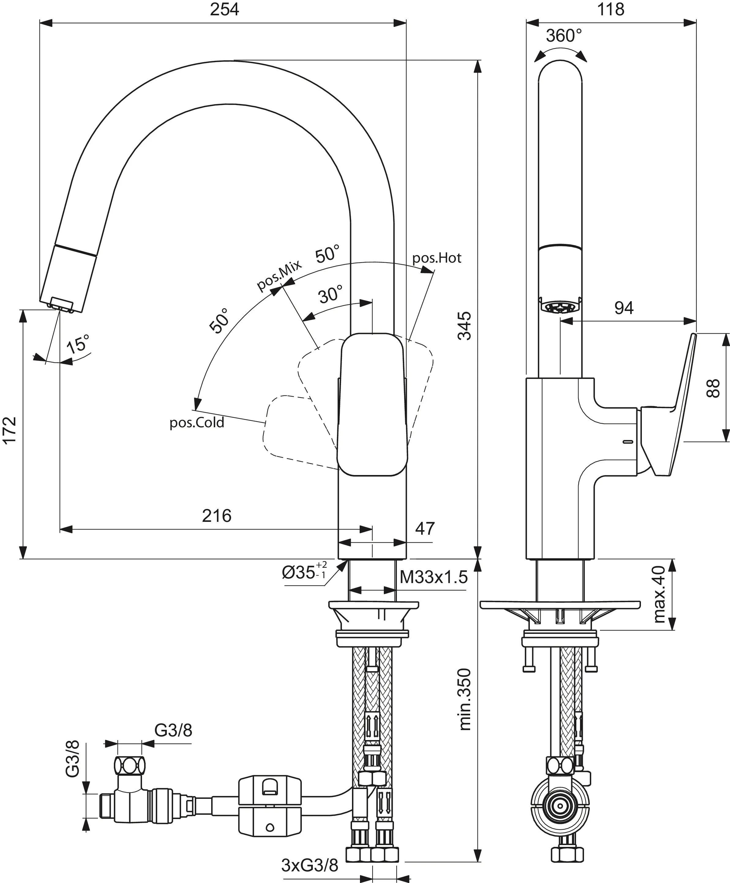 Küchenarmatur Ceraplan Ausladung 216mm mit hohem Rohrauslauf 1-Funktions-Handbrause Niederdruck Chrom