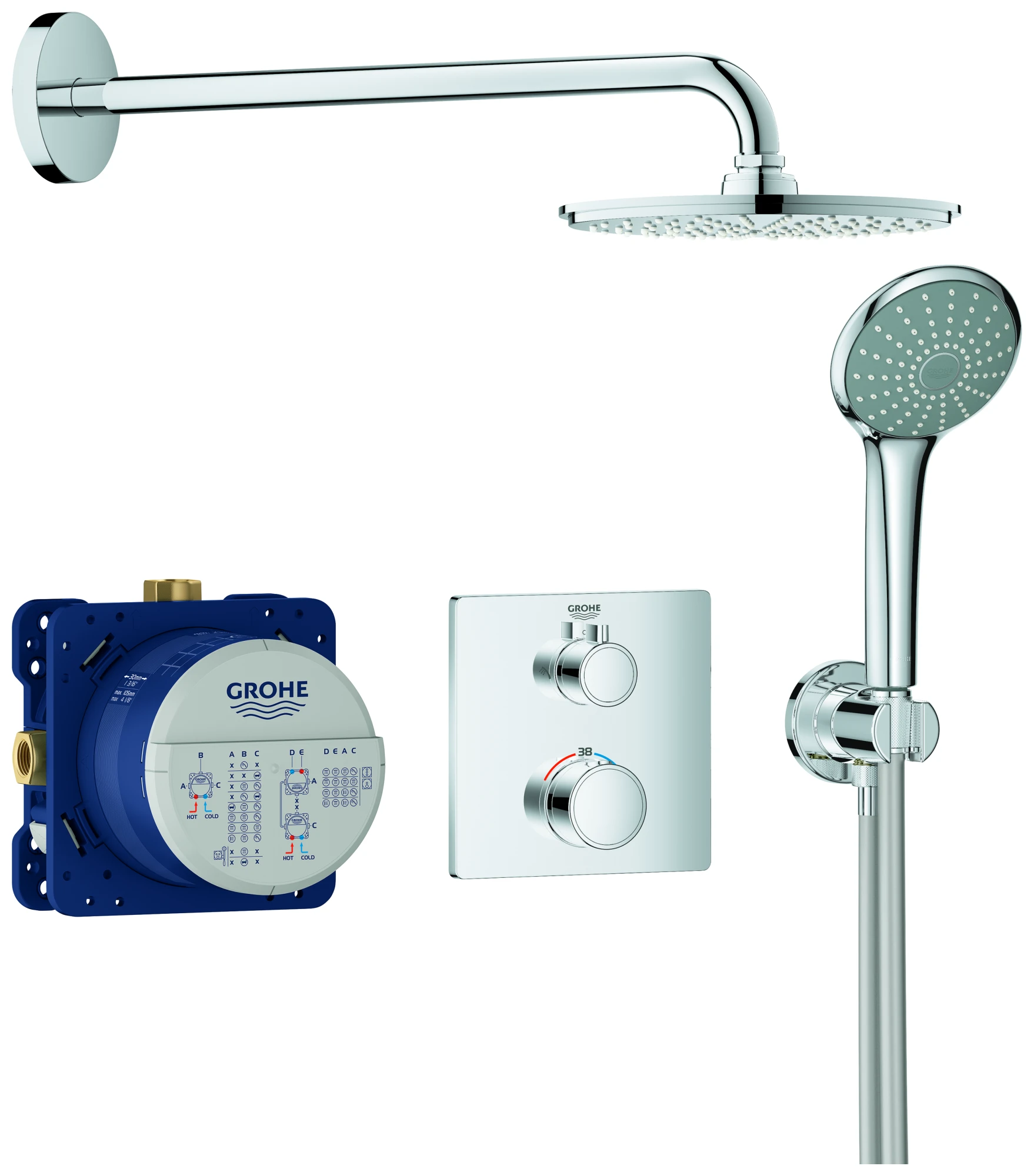 Duschsystem Unterputz Grohtherm 34734, mit Grohtherm Thermostat mit integrierter 2-Wege-Umstellung, Rainshower Cosmopolitan 210 Metall-Kopfbrause, eckige Rosette, chrom