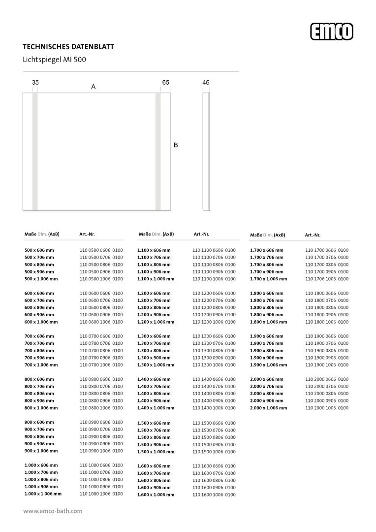 emco Lichtspiegel mit Sensorschalter „MI 500“ 70 × 90,6 cm