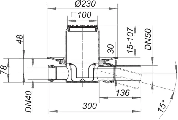Bodenablauf 42 SE, Zulauf DN 40, DN 50, 100 x 100 mm