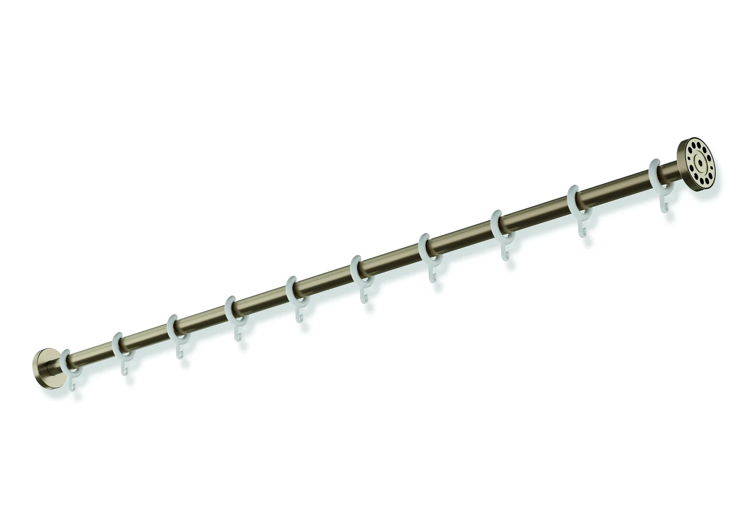 HEWI Vorhangstange System 900, Edelstahl PVD bronze gebürstet, Länge 1219 mm, Stangendurchmesser 25 mm, mit 10 Vorhangringen aus weißem POM