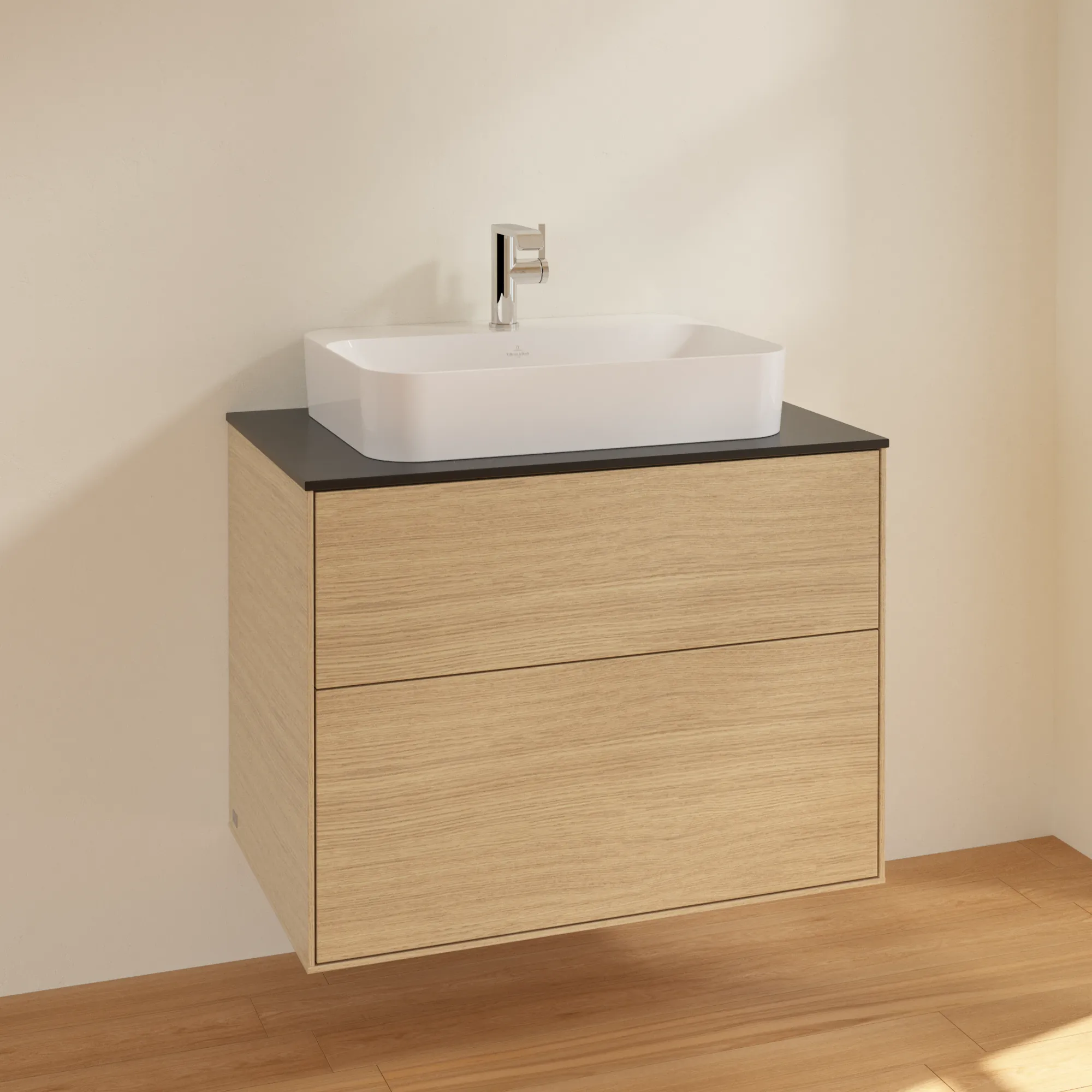 Villeroy & Boch Waschbeckenunterschrank Finion F34, Eckig Oak Veneer, 800x603x501mm, mittige Wanneneinbauposition, SoftClosing und Push-to-open Funktion Villeroy & Boch Waschbeckenunterschrank Finion F34, Eckig Oak Veneer, 800x603x501mm, mittige Wanneneinbauposition, SoftClosing und Push-to-open Funktion