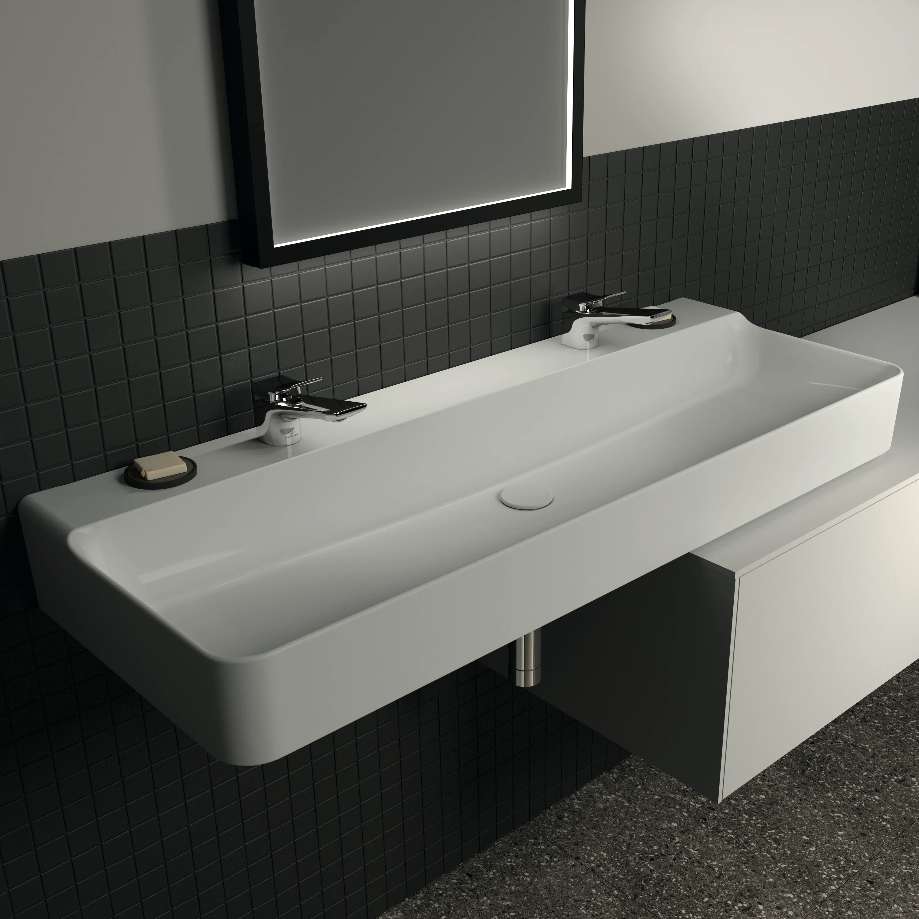 Waschbecken „Conca“ 120 × 45 × 14,5 cm, Hahnlochposition links und rechts in Weiß