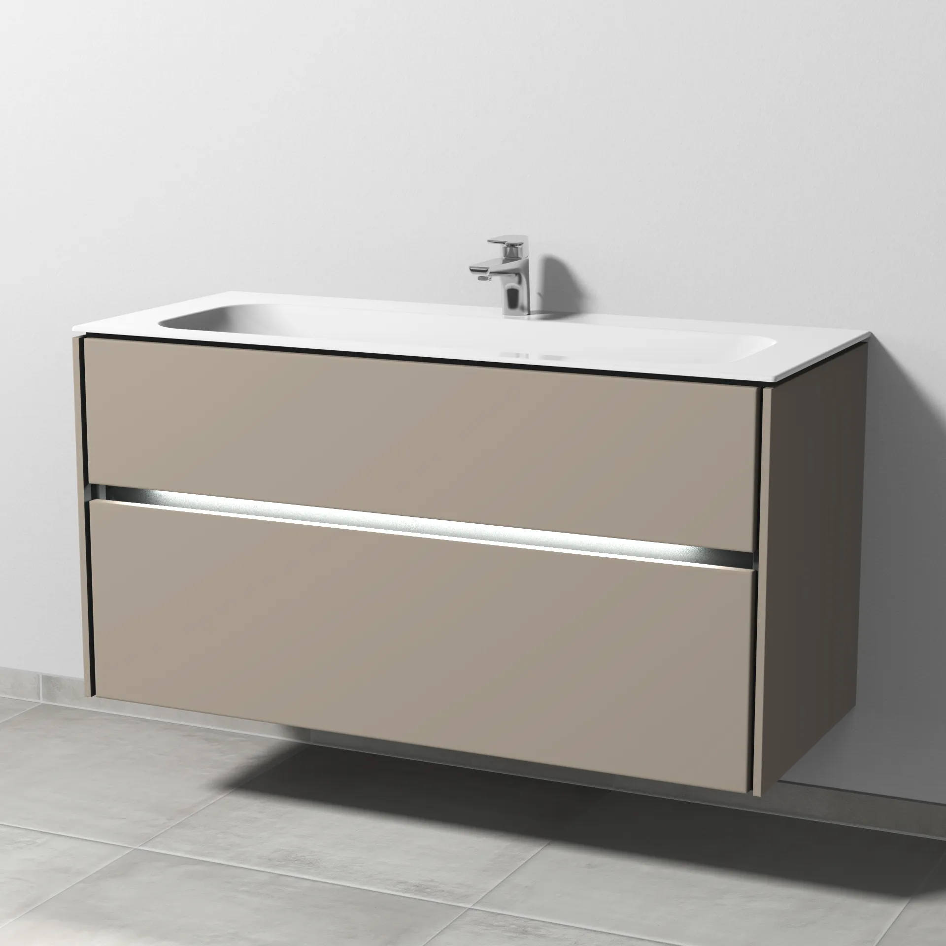 Keramik-Waschtisch-Set mit Waschtischunterschrank „Twiga“ 119 × 50 × 61 cm in Sandgrau (matt), mit Hahnlochbohrung, mit Beleuchtung Keramik-Waschtisch-Set mit Waschtischunterschrank „Twiga“ 119 × 50 × 61 cm in Sandgrau (matt), mit Hahnlochbohrung, mit Beleuchtung