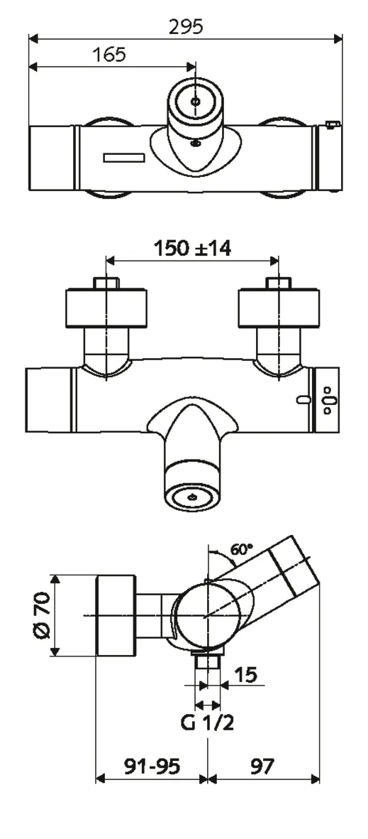 Aufputz-Duscharmatur VITUS VD-C-T / u, Mischwasser, Thermostat, Elektronisch, Selbstschluss, Batteriefach, Thermische Desinfektion mit SWS, 2x DN 15 G 1/2 AG, DN 15 G 1/2 AG (unten), chrom