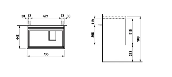 Waschtischunterbau LANI 448x735x515 mit 2 Schubladen integrierter Griffleiste Vollauszug und Soft-Close für Waschtisch LUA H817085 weiß matt