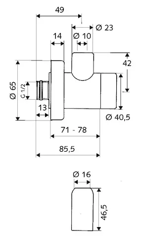 Eckventil mit Regulierfunktion CLASSIC, Schubrosette Ø 65 mm, DN 15 G 1/2 AG, Ø 10 mm (DN 10 G 3/8 AG), chrom