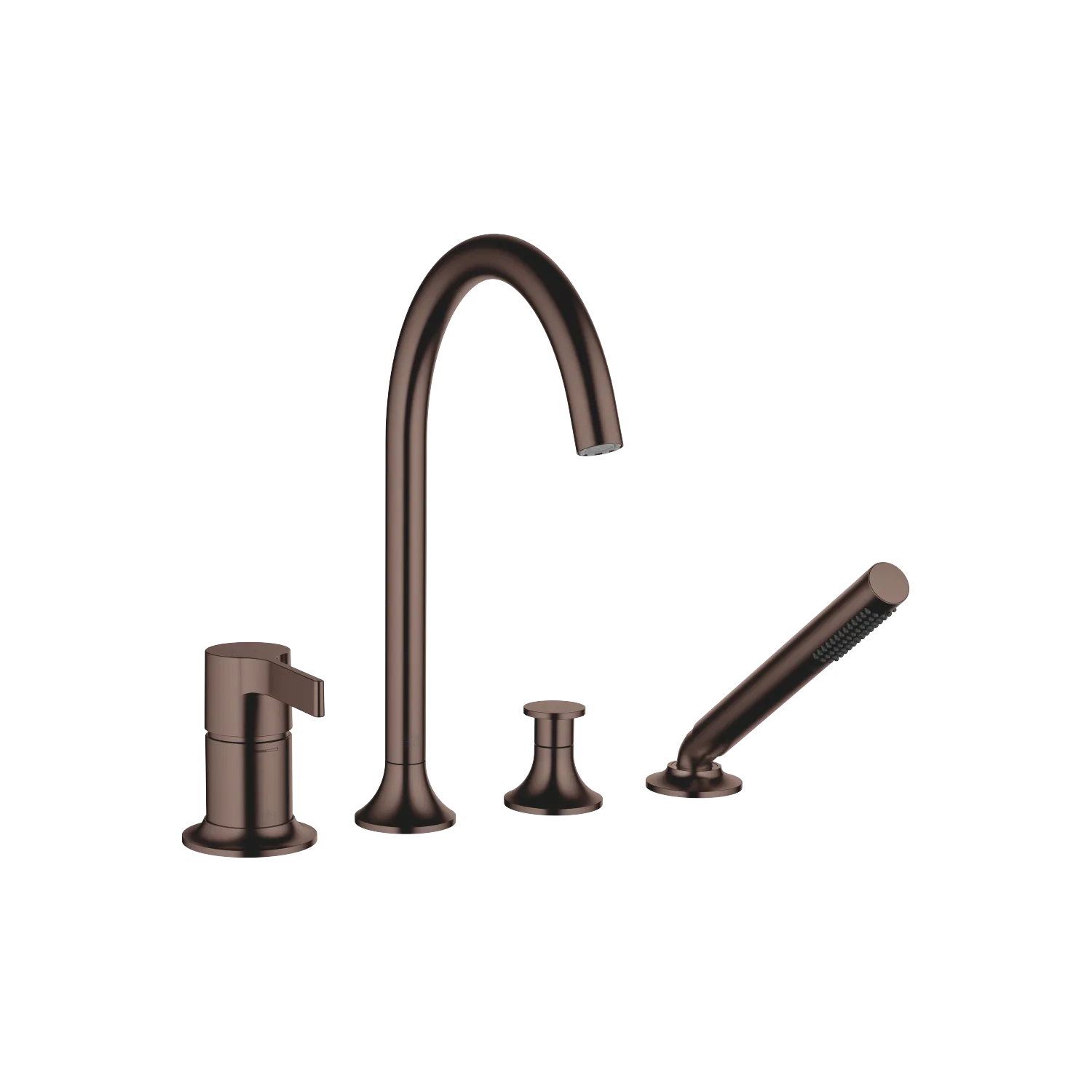 Dornbracht VAIA Wannen-Vierlochbatterie Dark Bronze gebürstet PVD, Auslauf mit rundem luftangereichertem Strahl, Durchfluss max. 18,2 l/min bei 3 bar, Handbrause COMPACT RAIN, Schlauchbrausegarnitur mit Antikalk-System, automatische Umstellung Wanne/Brau