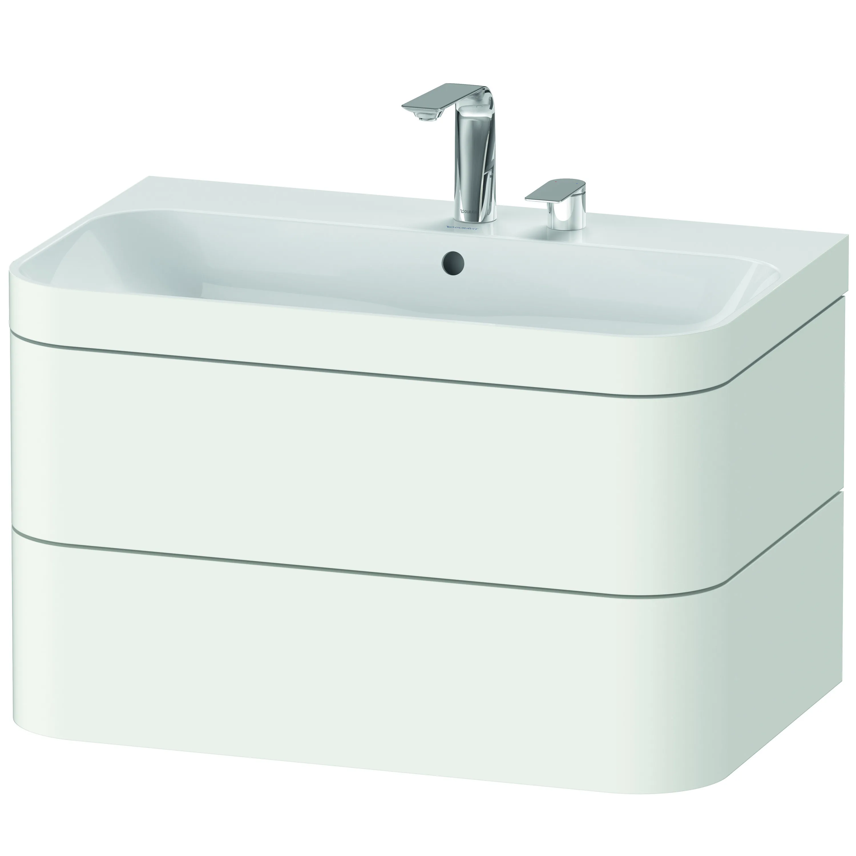 Duravit Waschtischunterschrank c-bonded Set wandhängend „Happy D.2 Plus“ 775 × 480 × 490 mm Weiß Seidenmatt, mit Hahnlochbohrung Duravit Waschtischunterschrank c-bonded Set wandhängend „Happy D.2 Plus“ 775 × 480 × 490 mm Weiß Seidenmatt, mit Hahnlochbohrung