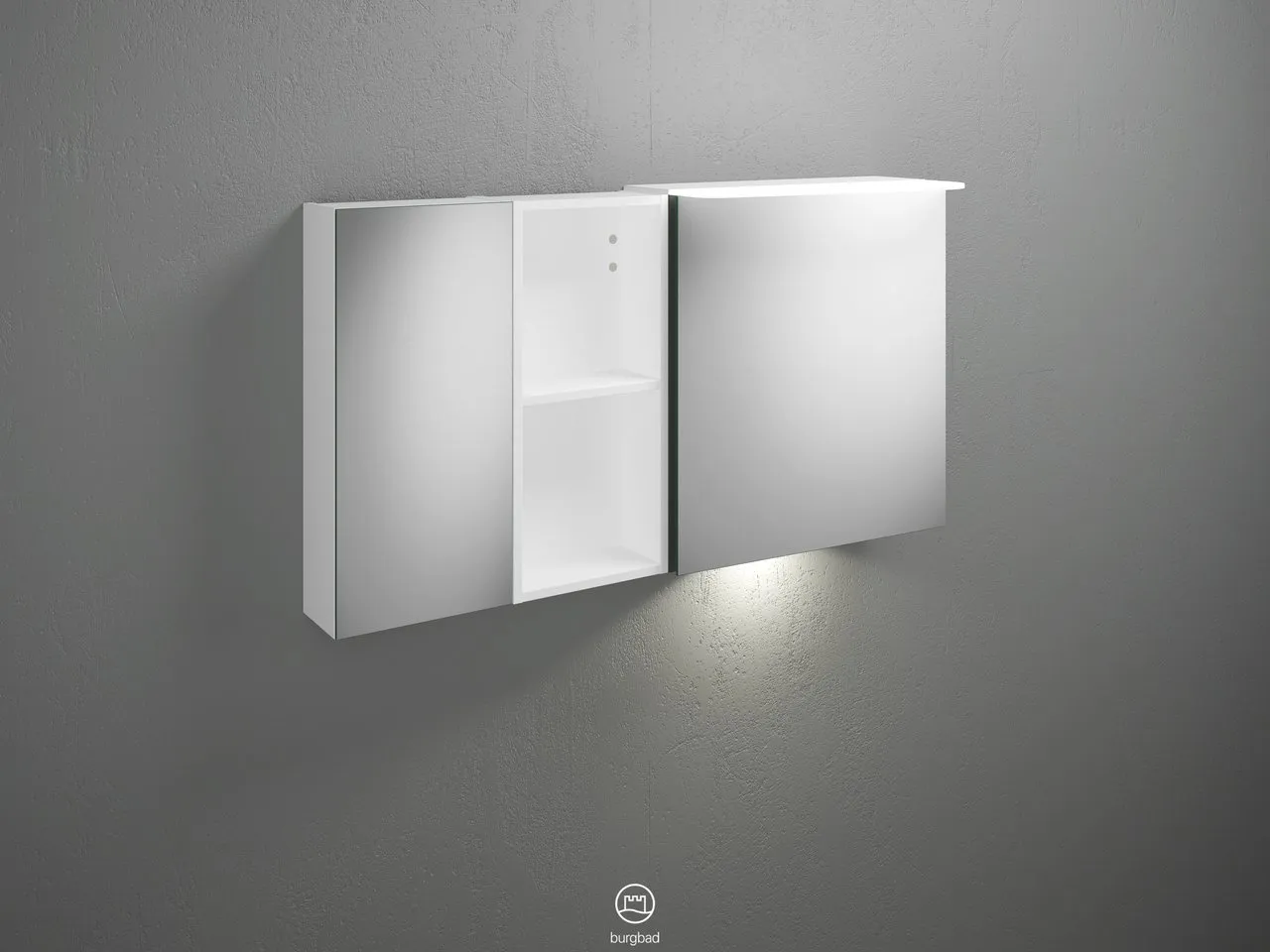 Badu Spiegelschrank SFUD120 von burgbad - 310 mm tief, 1.200 mm breit, 665 mm hoch, beidseitig verspiegelt mit LED-Aufsatzleuchte und Waschtischbeleuchtung Badu Spiegelschrank SFUD120 von burgbad - 310 mm tief, 1.200 mm breit, 665 mm hoch, beidseitig verspiegelt mit LED-Aufsatzleuchte und Waschtischbeleuchtung