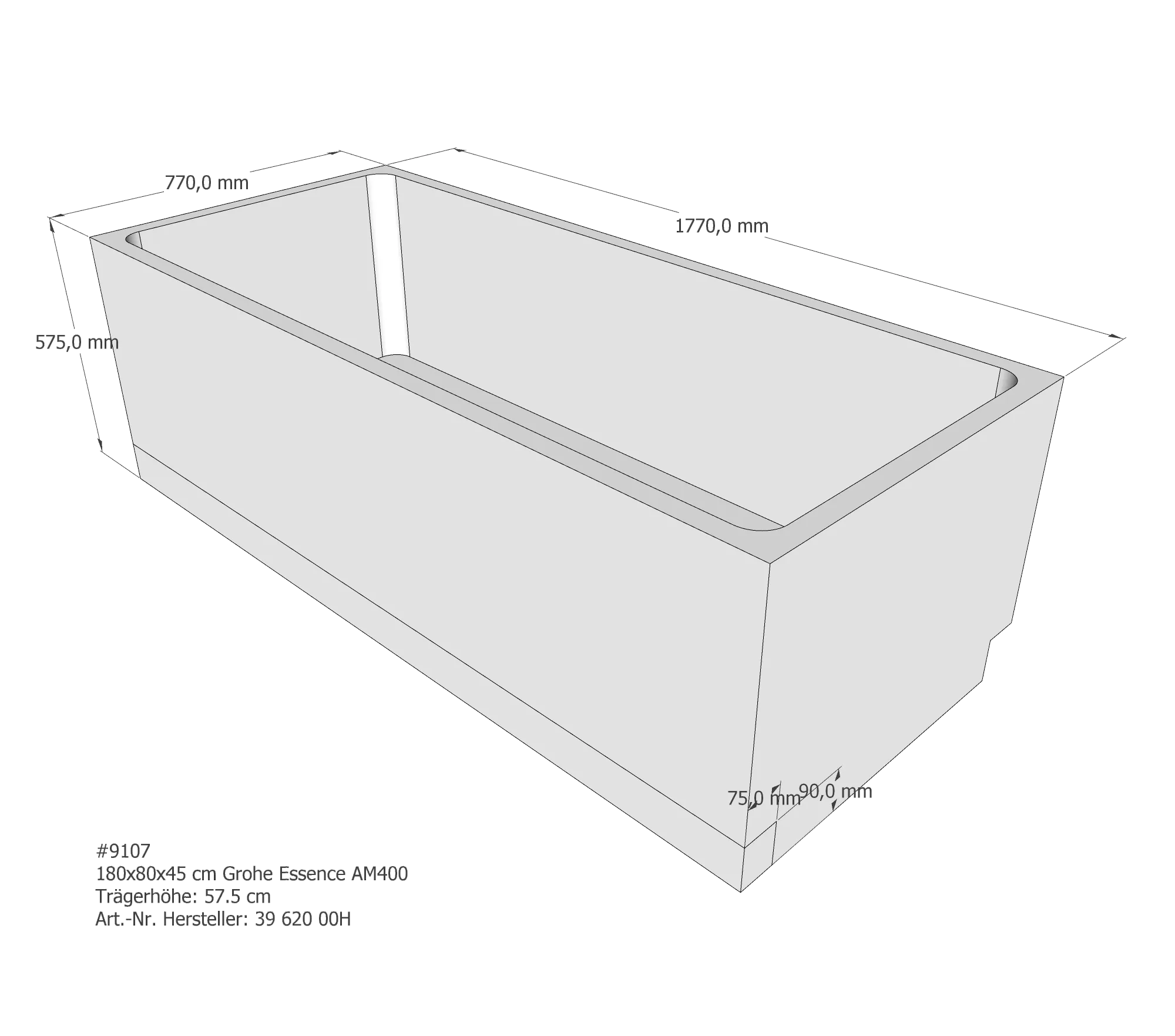 Badewannenträger passend für Grohe Essence 180 × 80 × 45 cm