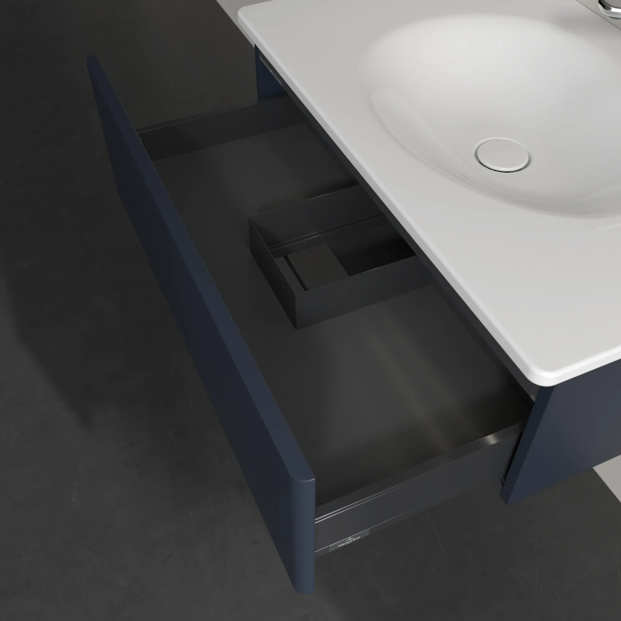 Villeroy & Boch Waschtischunterschrank für Schrankwaschtisch „Antao“ 788 × 256 × 496 mm Midnight Blue Matt Lacquer, für Becken mittig, mit Beleuchtung Villeroy & Boch Waschtischunterschrank für Schrankwaschtisch „Antao“ 788 × 256 × 496 mm Midnight Blue Matt Lacquer, für Becken mittig, mit Beleuchtung