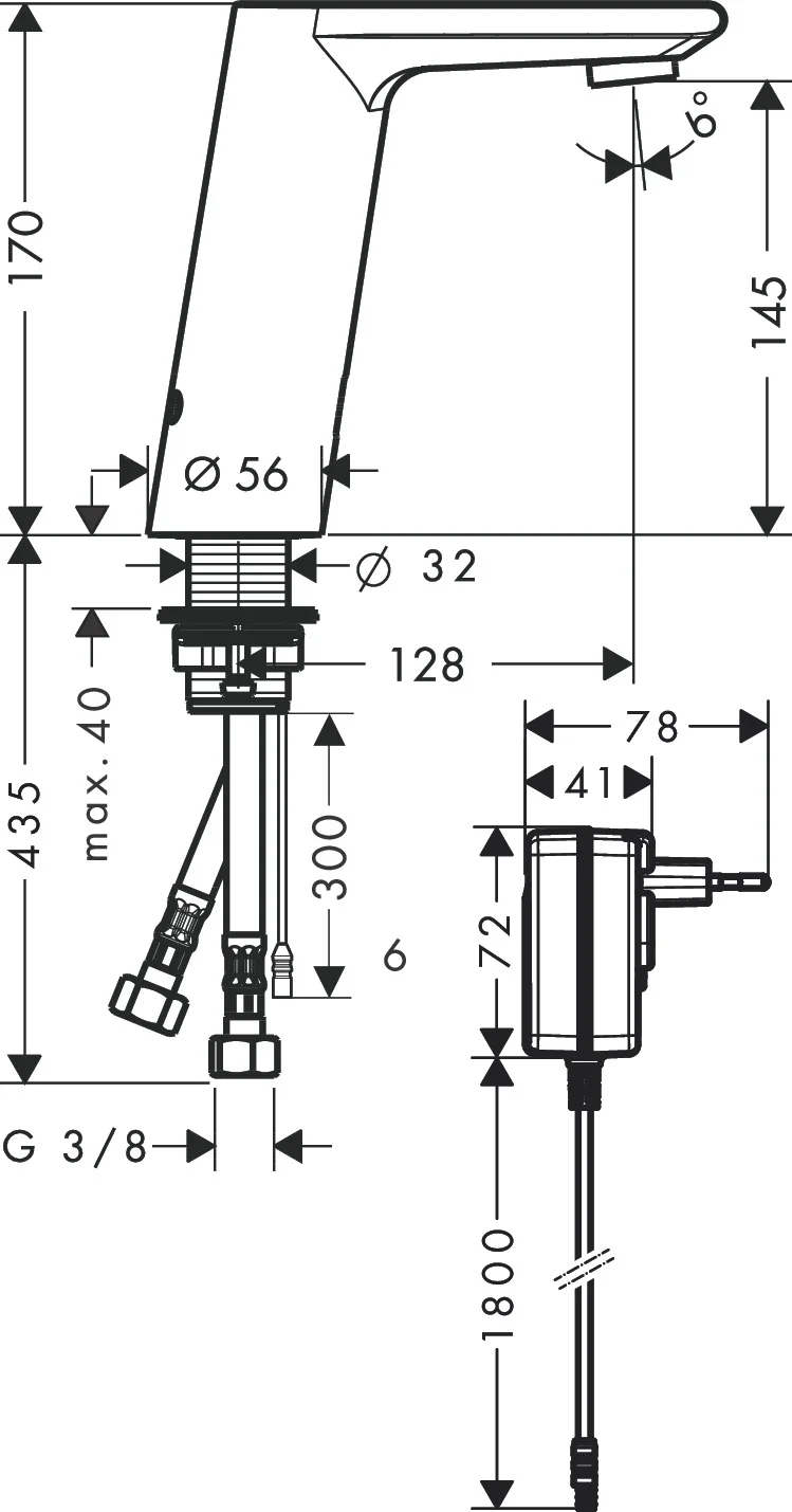 Hansgrohe Metris S Elektronik-Waschtischmischer, Chrom, Ausladung 128 mm, Normalstrahl, max. Durchfluss 5 l/min bei 3 bar, Temperaturbegrenzung und -voreinstellung, Rückflussverhinderer, Infrarot-Näherungselektronik mit einstellbarer Reichweite, Hygienes