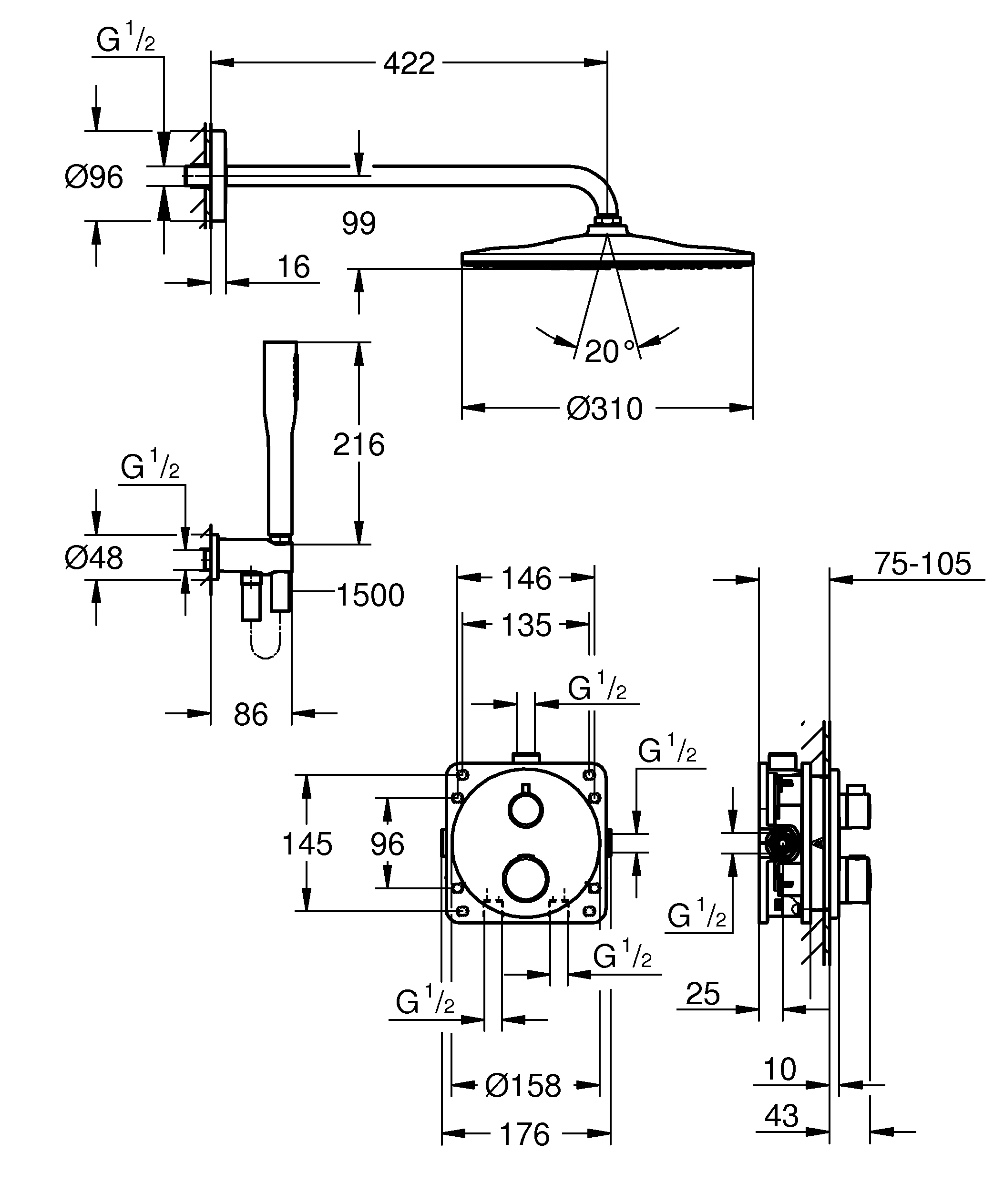 Unterputz Duschsystem Grohtherm 34869, UP-Thermostat-Brausebatterie für 2 Abgänge, integriertes Absperr-/Umstellventil, Rapido SmartBox, Kopfbrause Rainshower Mono 310, Euphoria Cosmopolitan Stick Handbrause, Wandabgangsbogen, Brauseschlauch, chrom