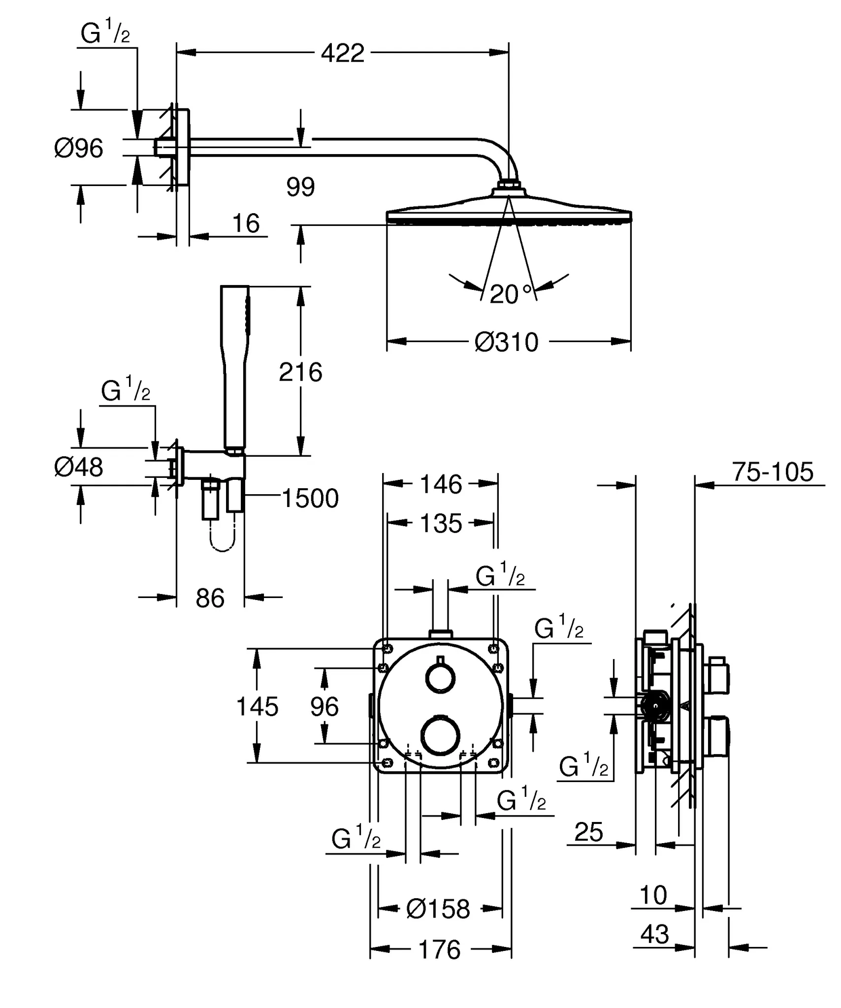 Unterputz Duschsystem Grohtherm 34869, UP-Thermostat-Brausebatterie für 2 Abgänge, integriertes Absperr-/Umstellventil, Rapido SmartBox, Kopfbrause Rainshower Mono 310, Euphoria Cosmopolitan Stick Handbrause, Wandabgangsbogen, Brauseschlauch, chrom Unterputz Duschsystem Grohtherm 34869, UP-Thermostat-Brausebatterie für 2 Abgänge, integriertes Absperr-/Umstellventil, Rapido SmartBox, Kopfbrause Rainshower Mono 310, Euphoria Cosmopolitan Stick Handbrause, Wandabgangsbogen, Brauseschlauch, chrom